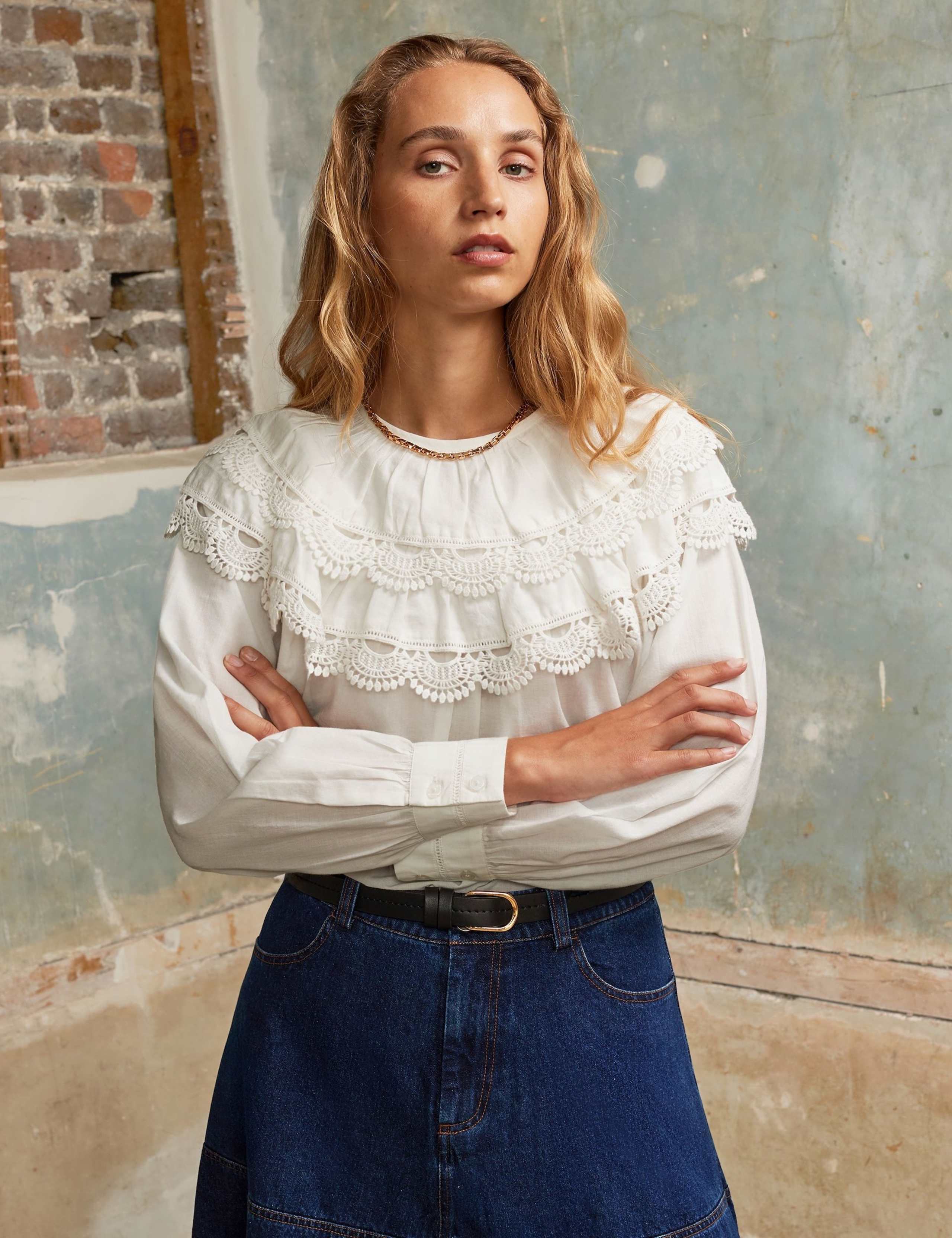 Pure Cotton Lace Trim Double Frill Blouse 2 of 3