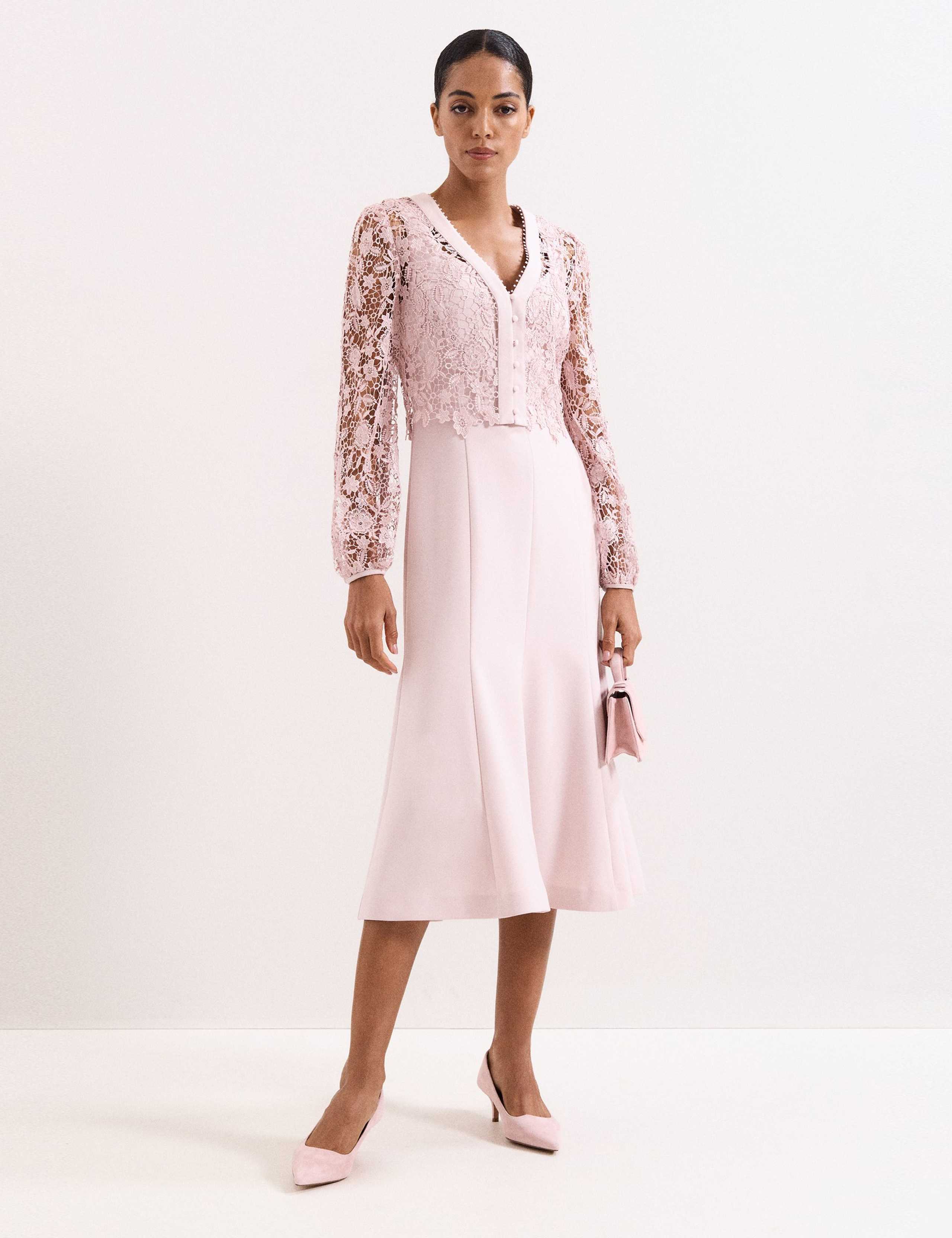 Lace V-Neck Button Detail Midi Tea Dress 3 of 8