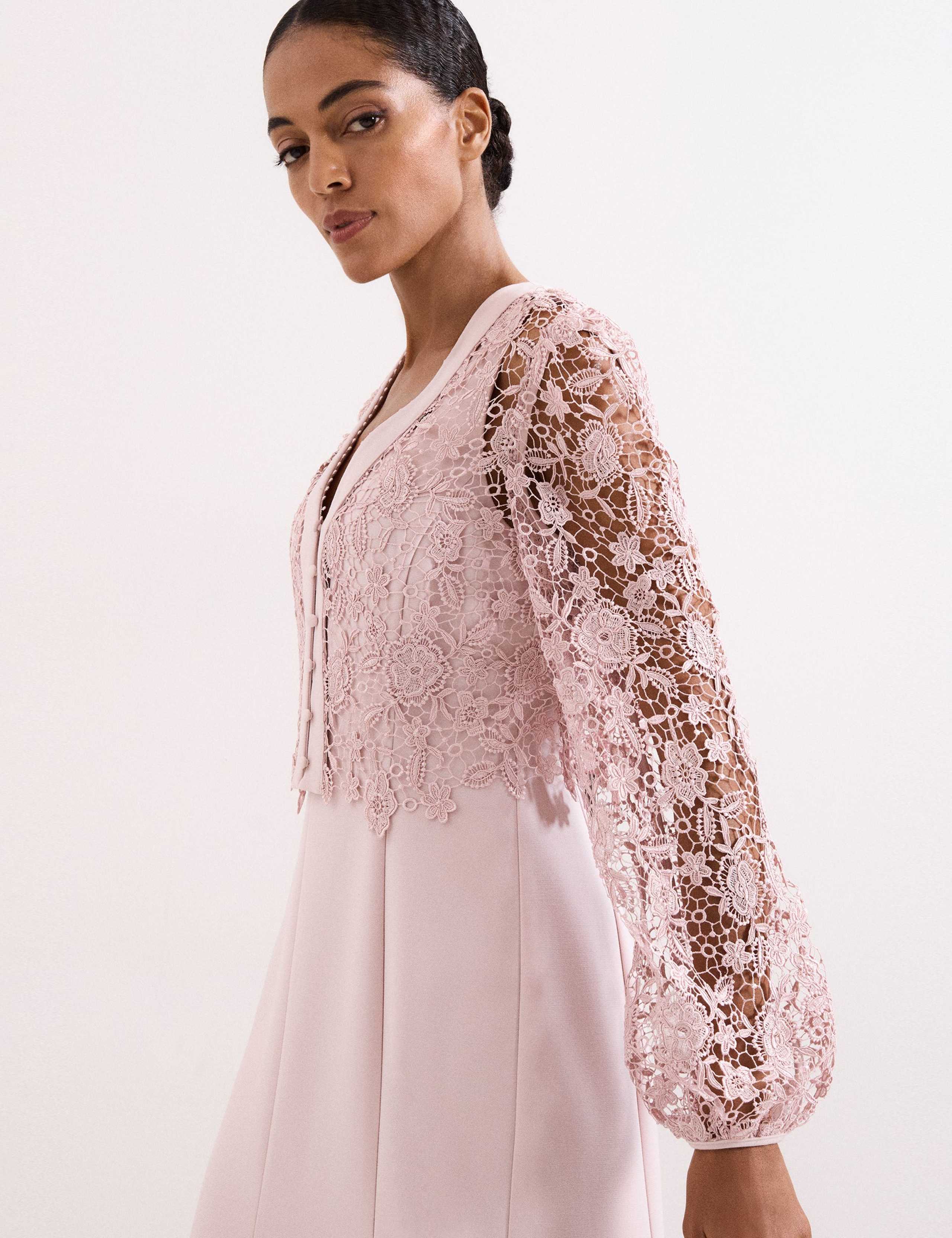 Lace V-Neck Button Detail Midi Tea Dress 6 of 8