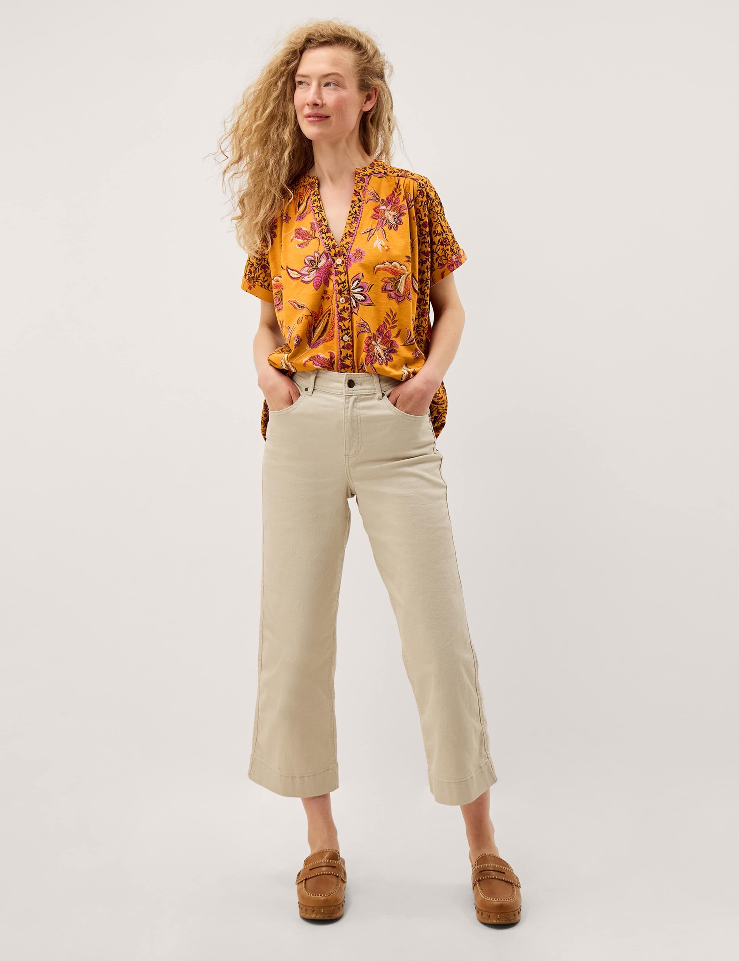 Pure Cotton Floral Collarless V-Neck Shirt 2 of 4