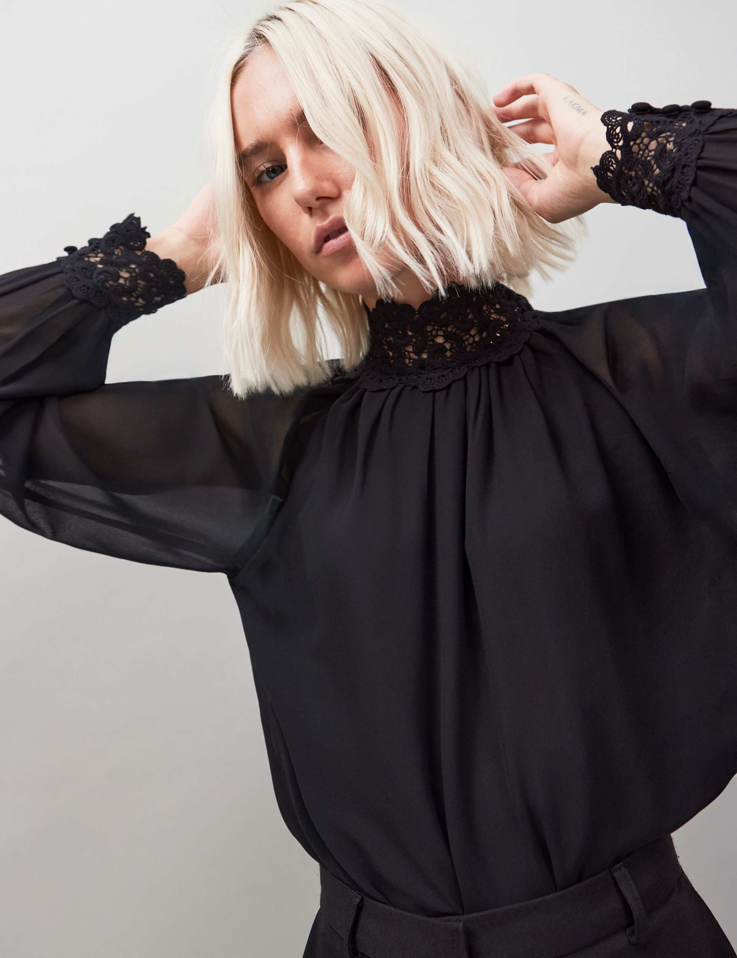 Lace Trim High Neck Blouson Sleeve Blouse 2 of 3