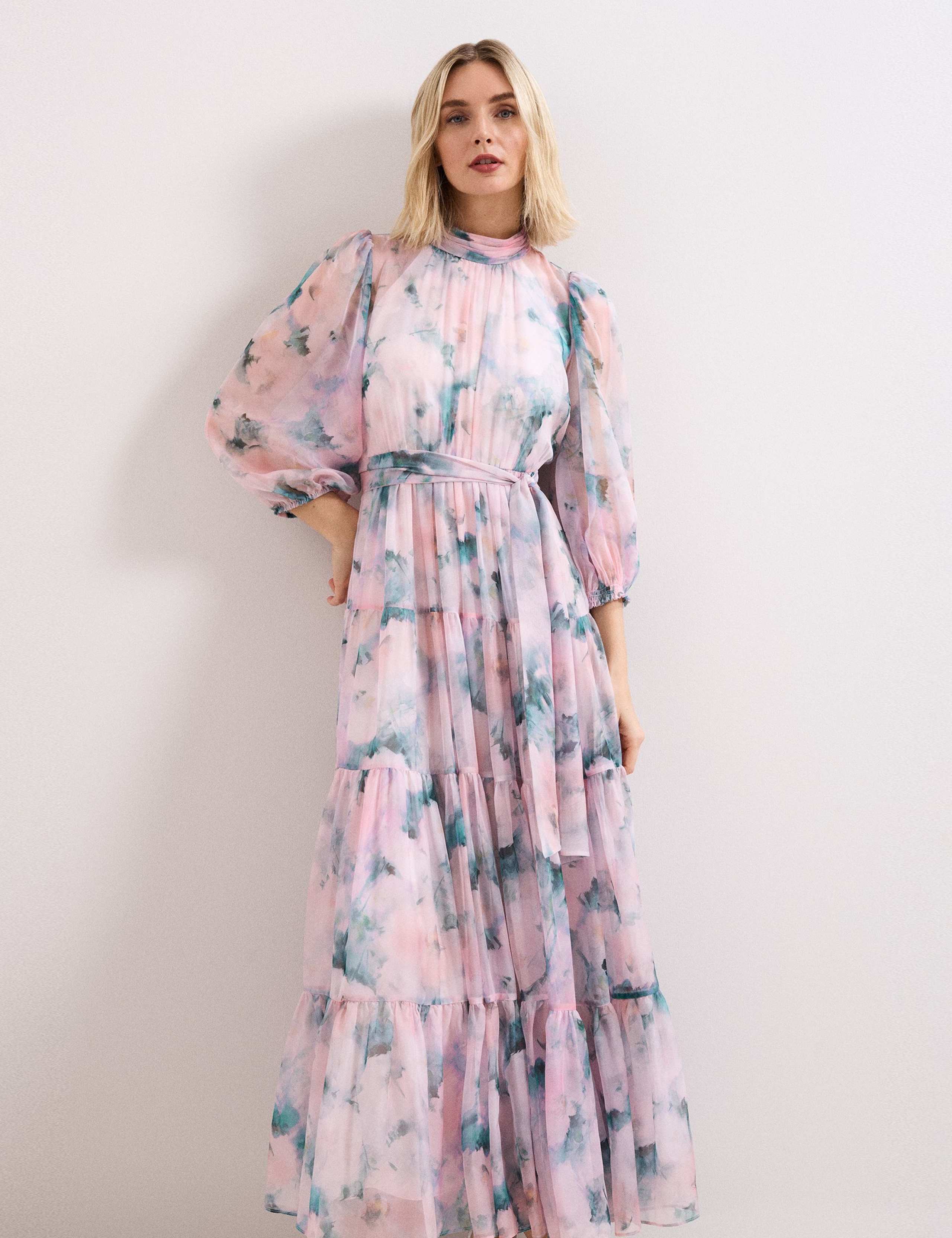 Floral High Neck Tie Waist Maxi Tiered Dress 1 of 7