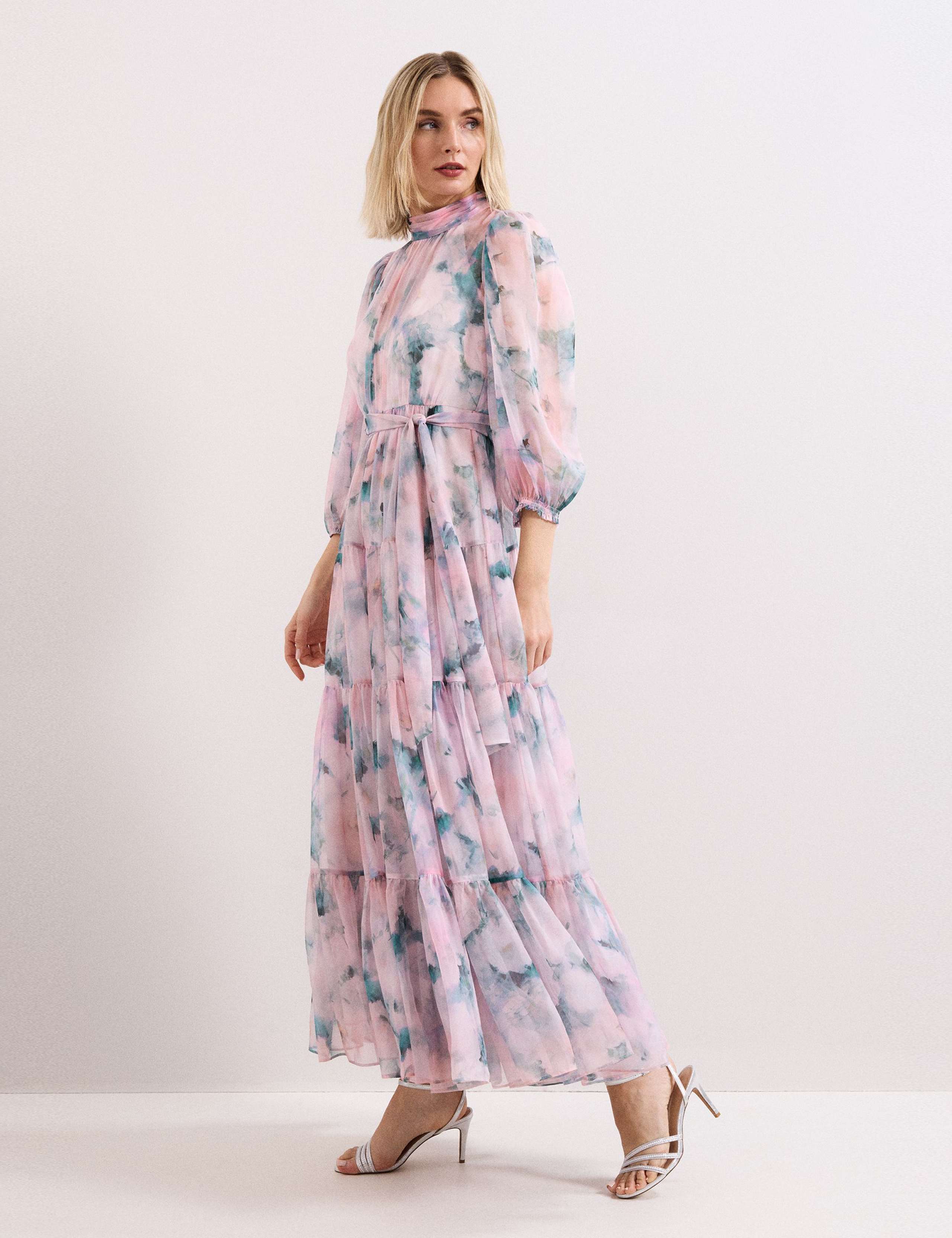 Floral High Neck Tie Waist Maxi Tiered Dress 3 of 7