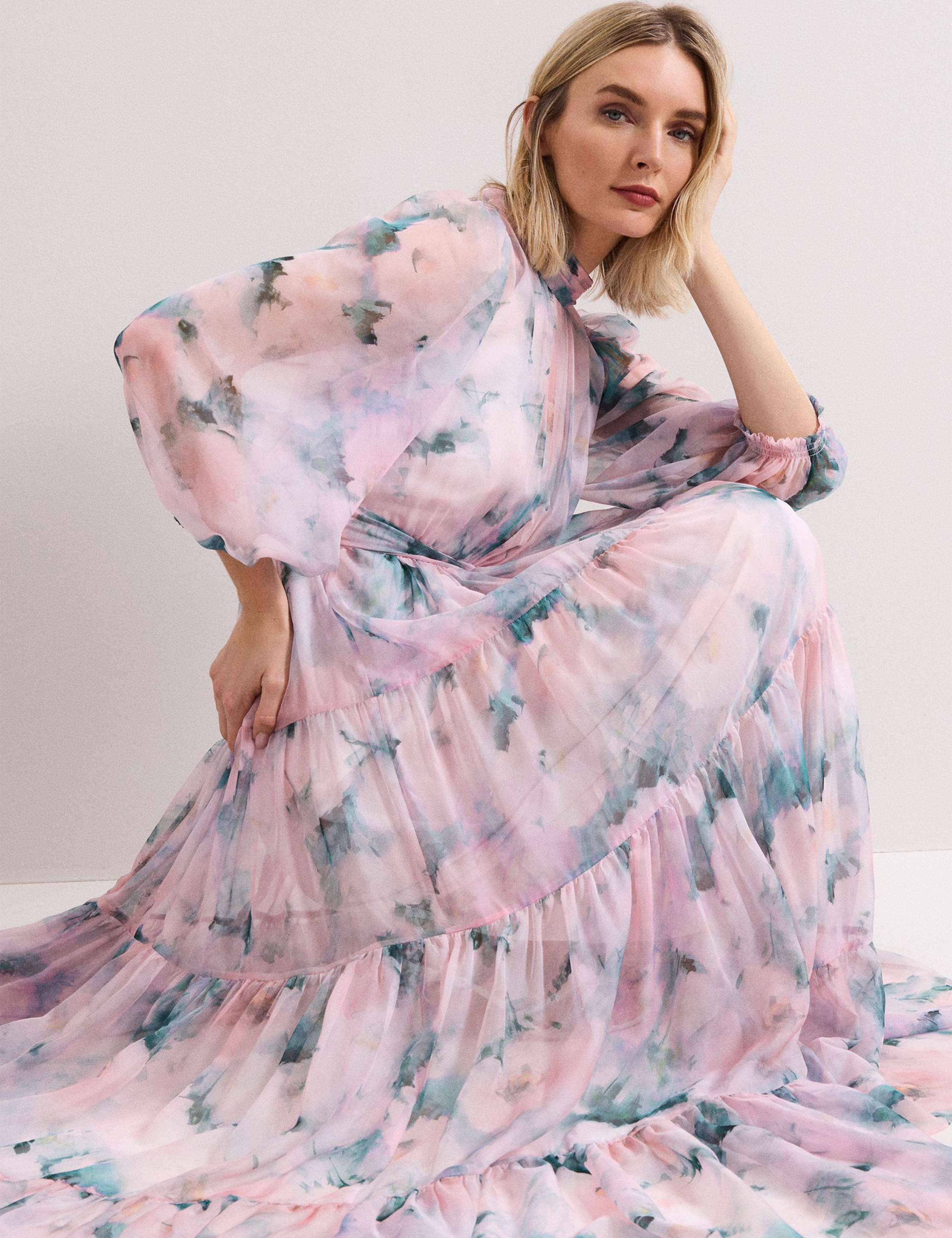 Floral High Neck Tie Waist Maxi Tiered Dress 5 of 7