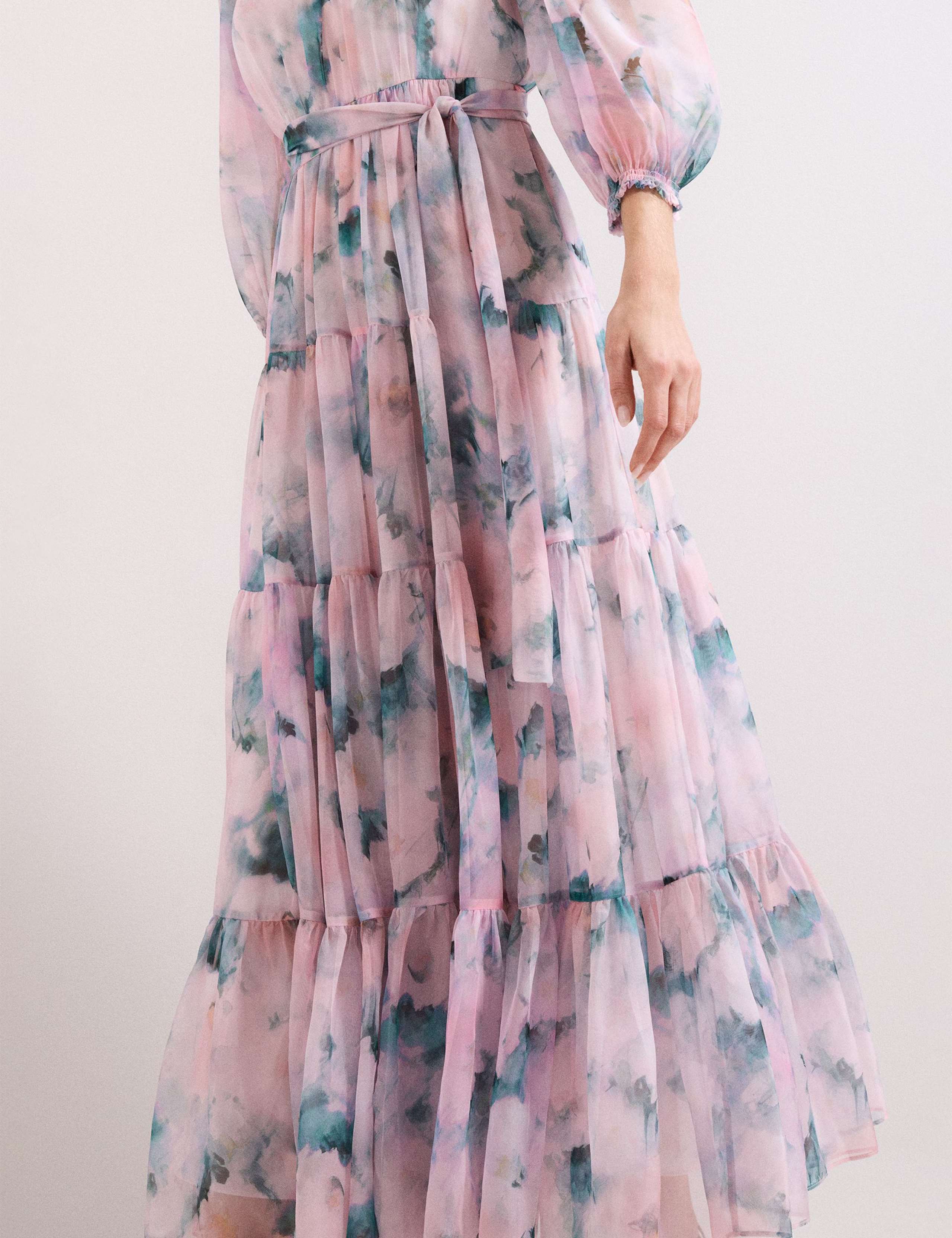 Floral High Neck Tie Waist Maxi Tiered Dress 6 of 7