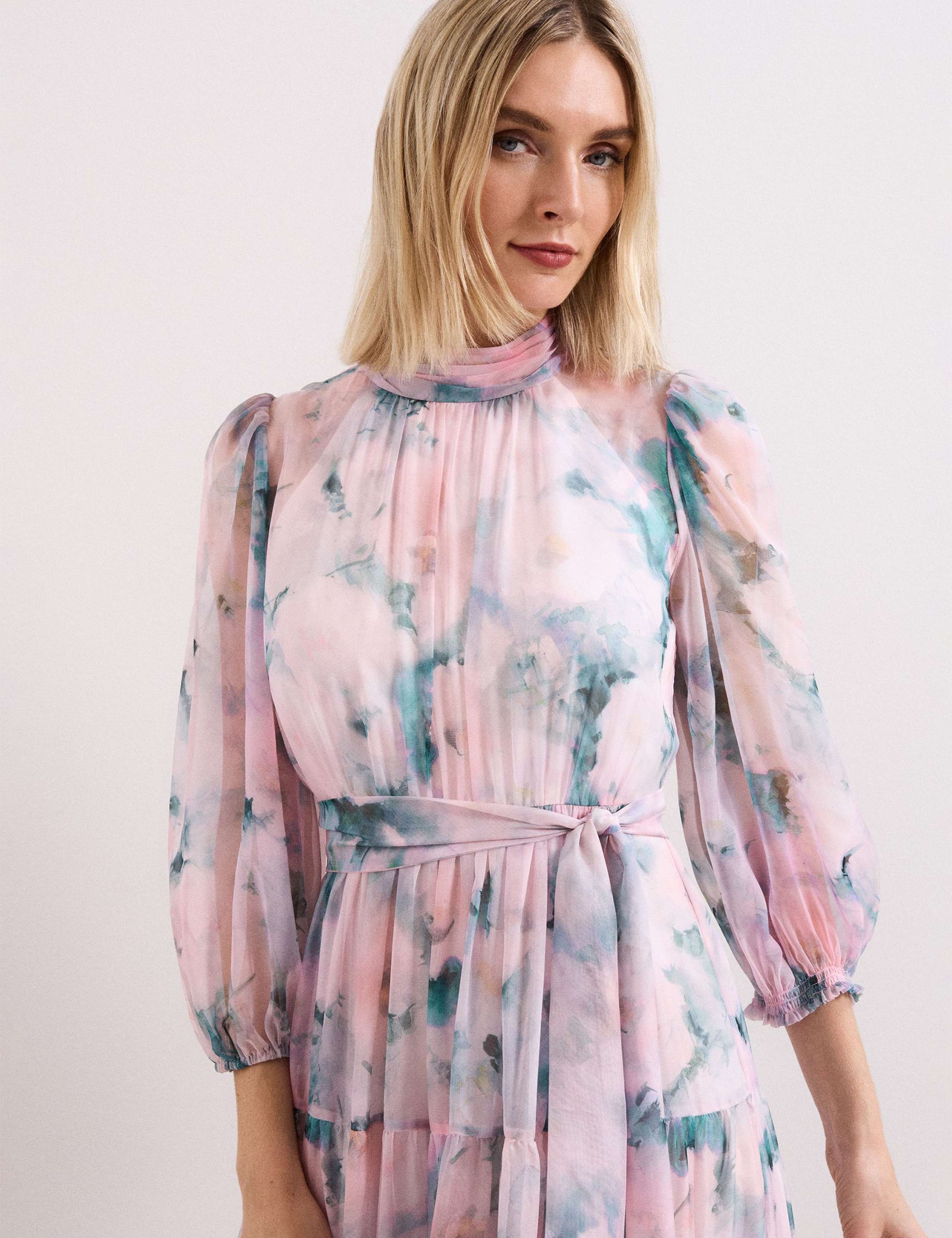 Floral High Neck Tie Waist Maxi Tiered Dress 7 of 7