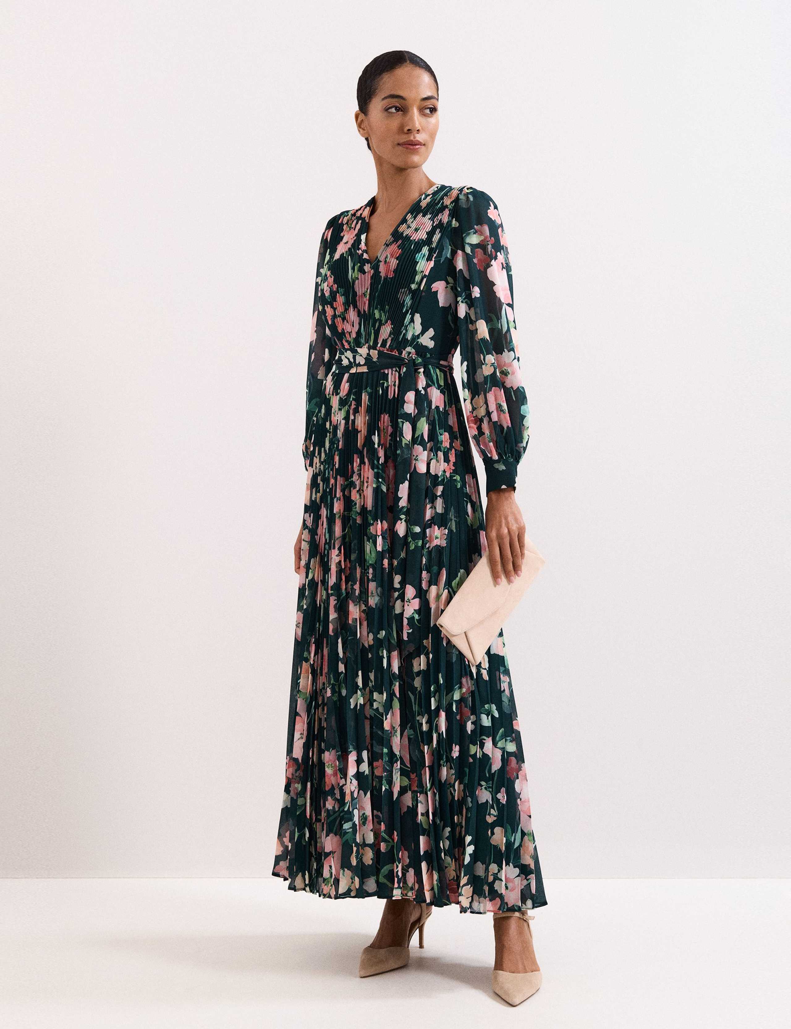 Floral V-Neck Pleated Maxi Tea Dress 1 of 8