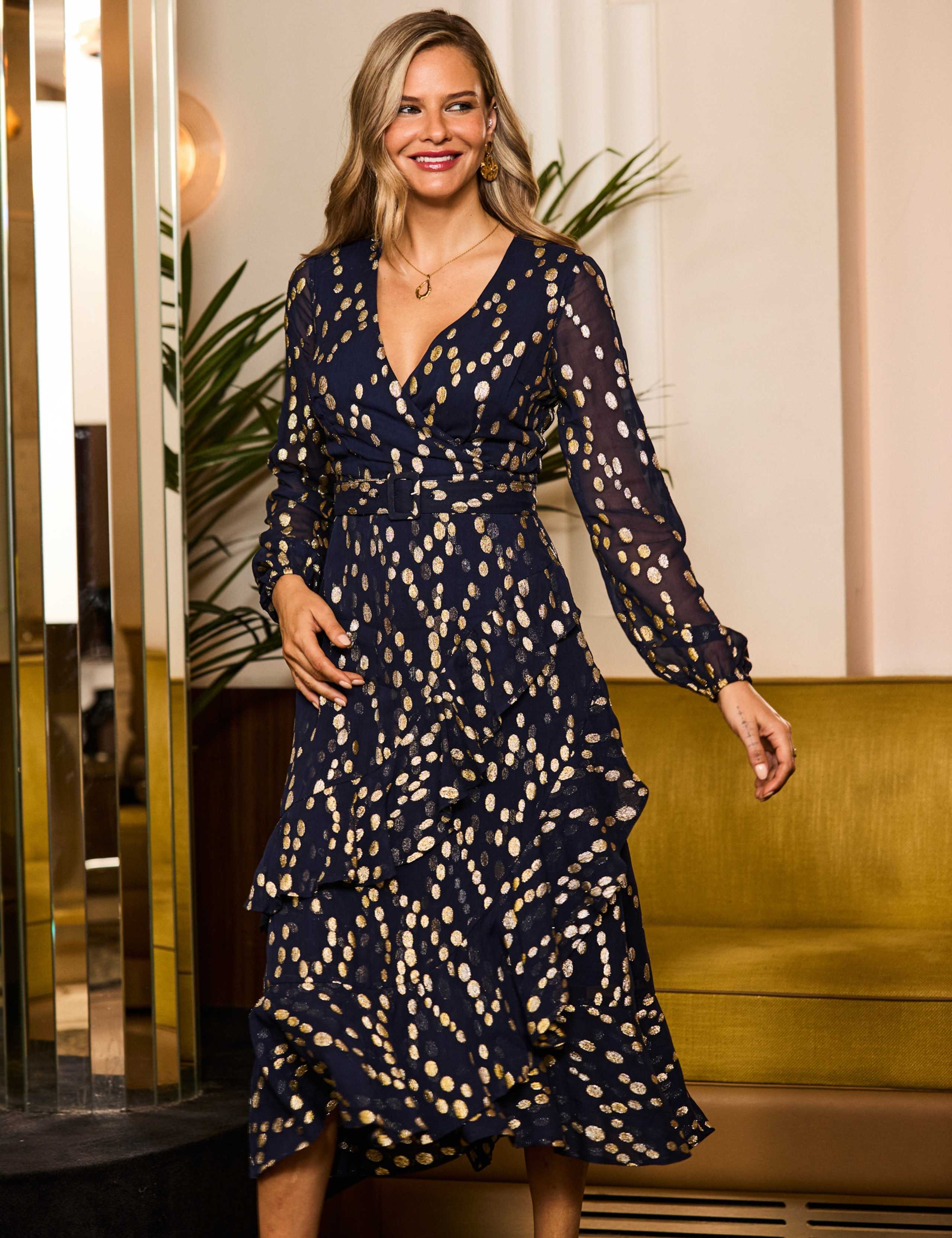 Metallic Spot Print V Neck Midi Dress 2 of 5