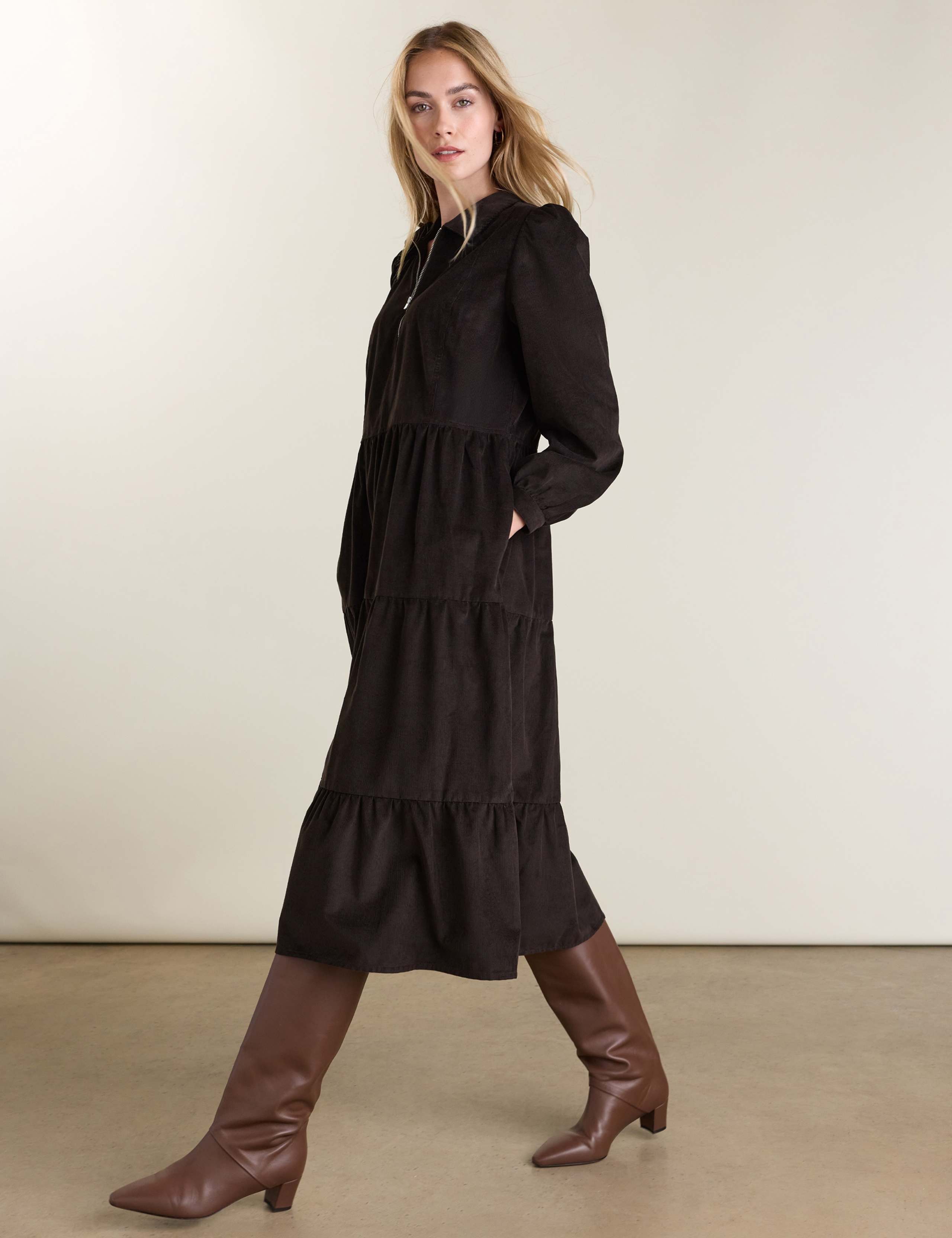 Cord Zip Neck Collared Midi Skater Dress 2 of 4