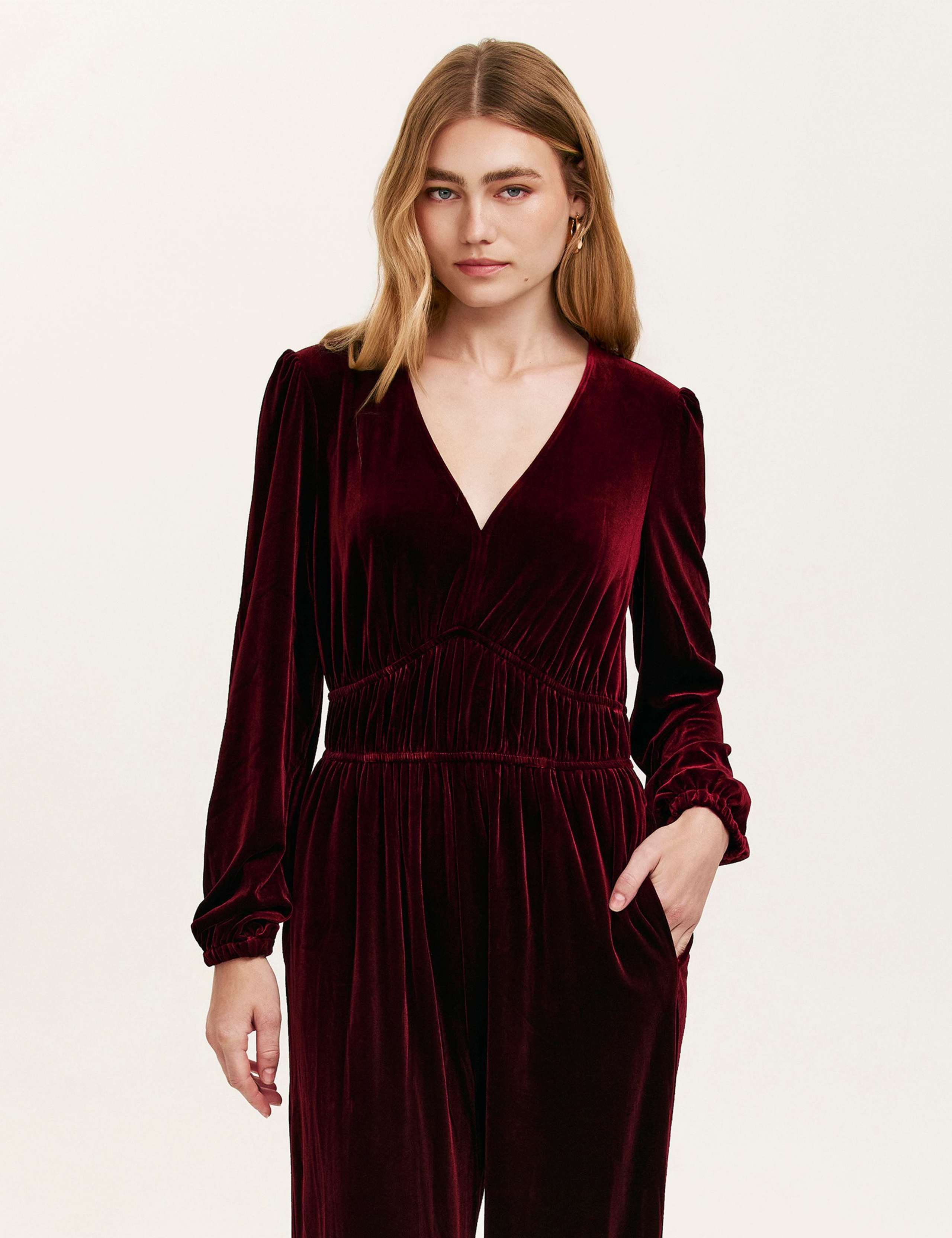 Velvet Jersey V-Neck Waisted Jumpsuit 3 of 4
