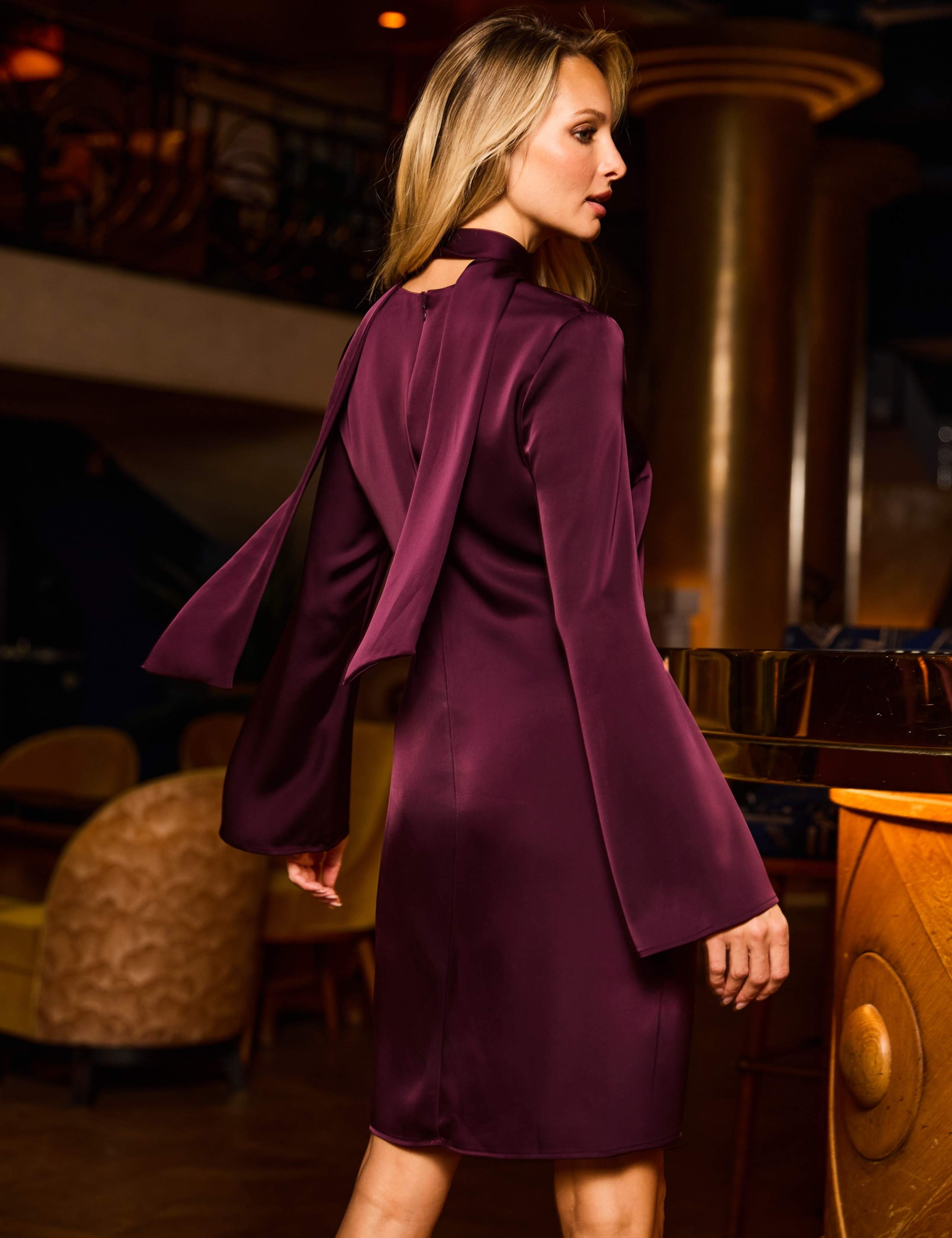 Satin Tie Neck Mini A-Line Shift Dress 4 of 6