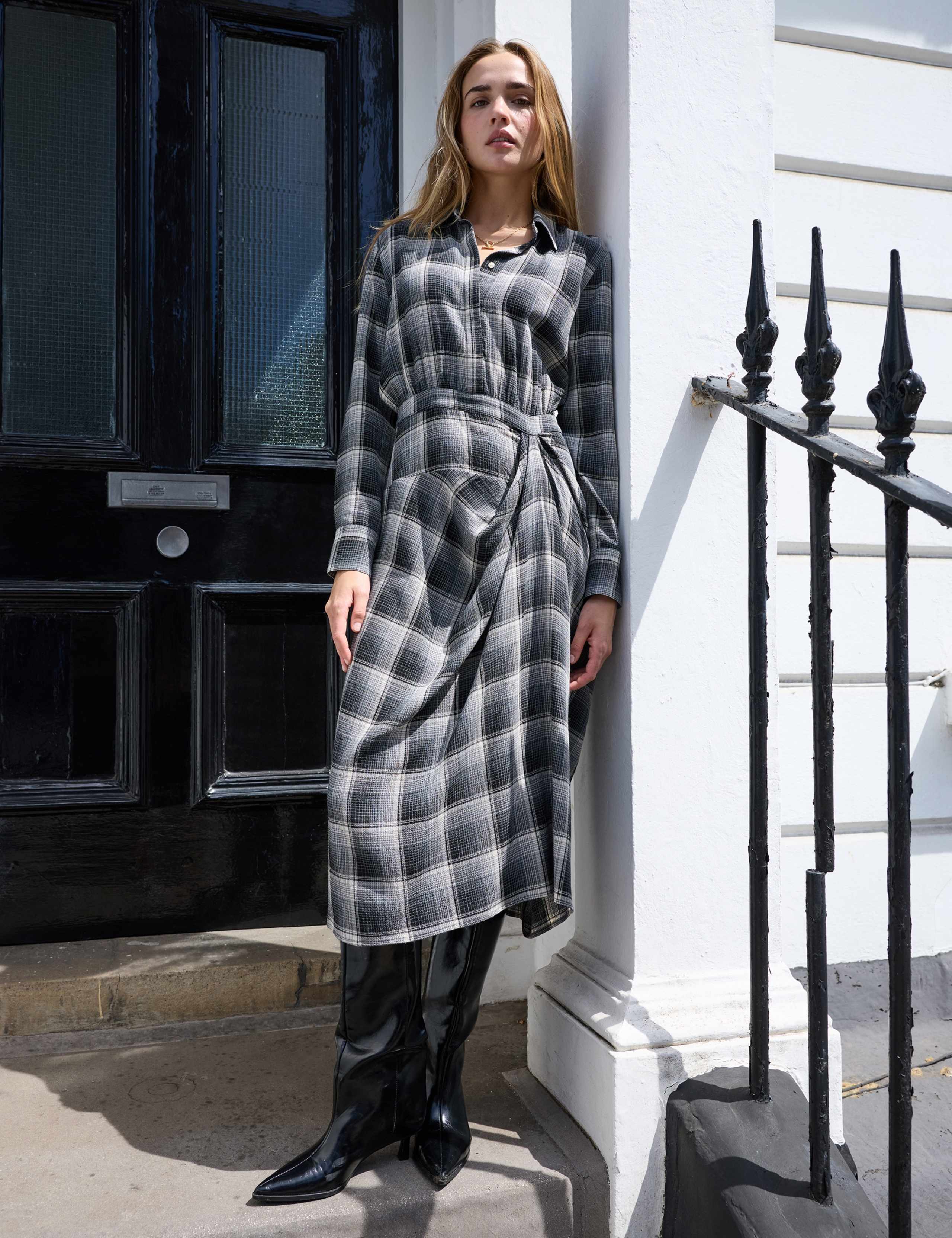 Wool Blend Checked Midi Shirt Skater Dress 1 of 4