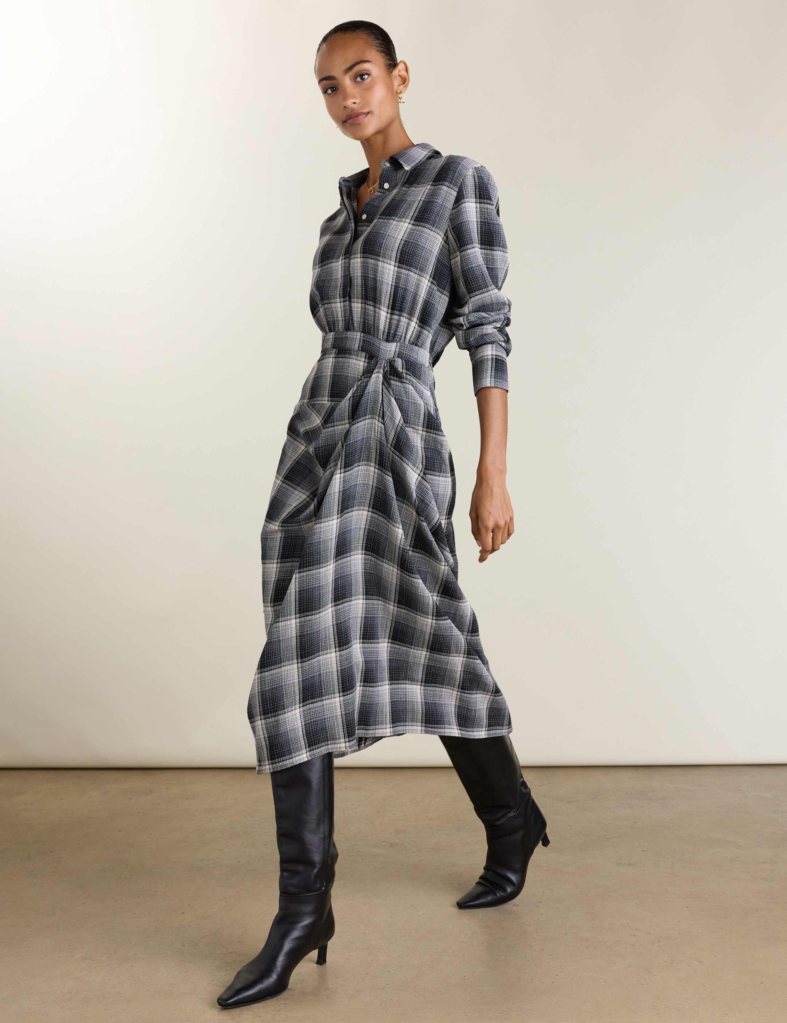 Wool Blend Checked Midi Shirt Skater Dress 3 of 4