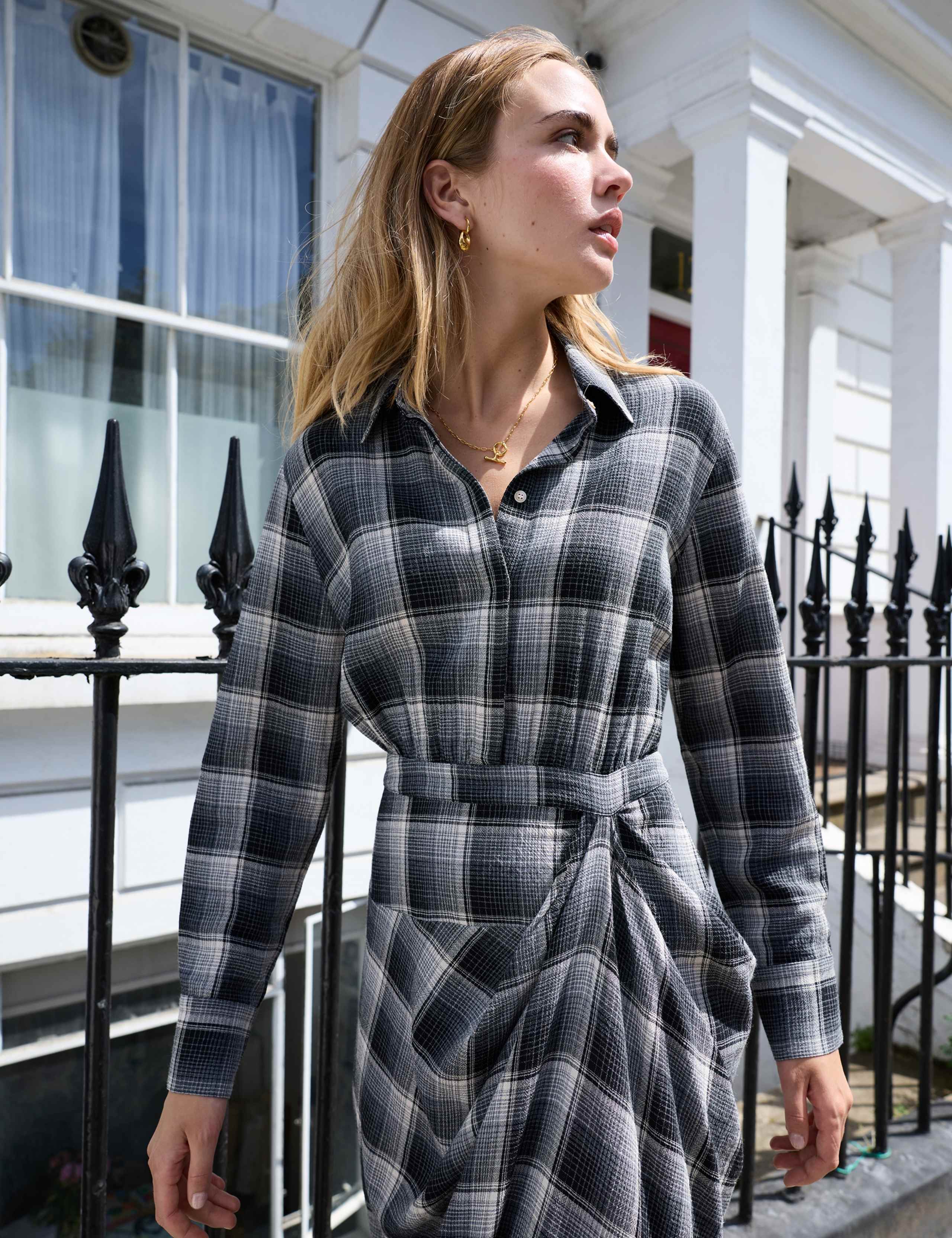 Wool Blend Checked Midi Shirt Skater Dress 4 of 4
