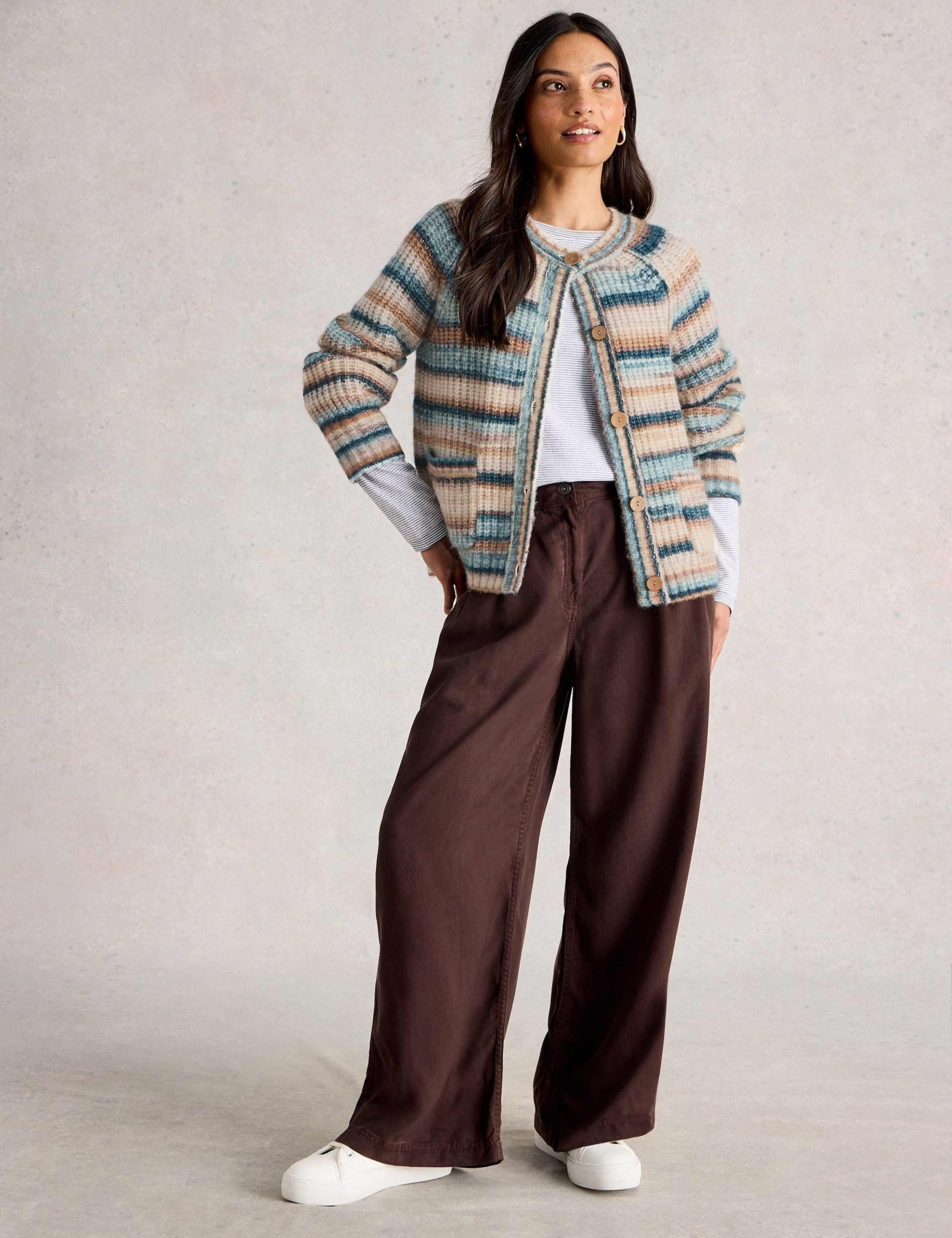 Crew Neck Ribbed Striped Cardigan with Wool 1 of 6