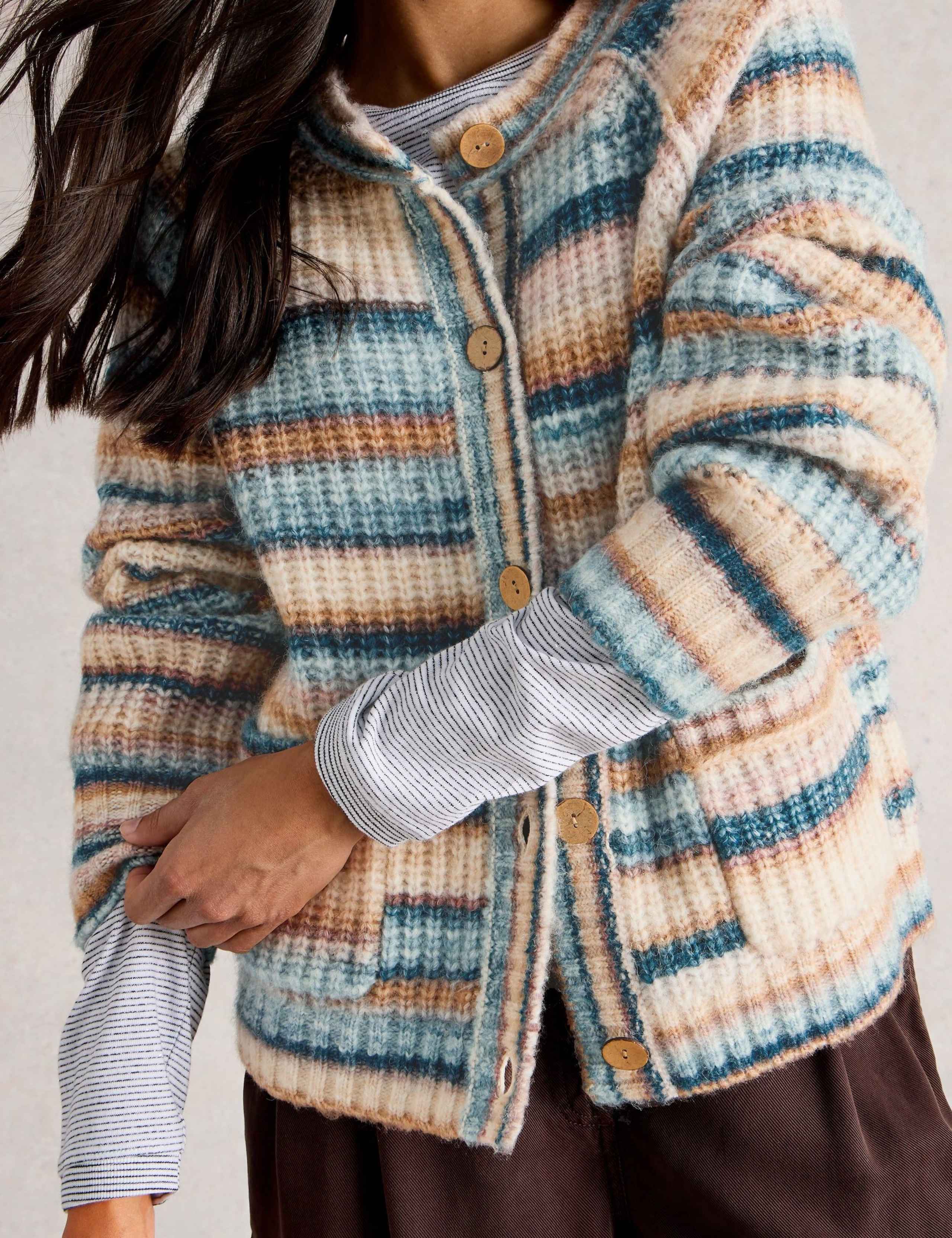 Crew Neck Ribbed Striped Cardigan with Wool 3 of 6