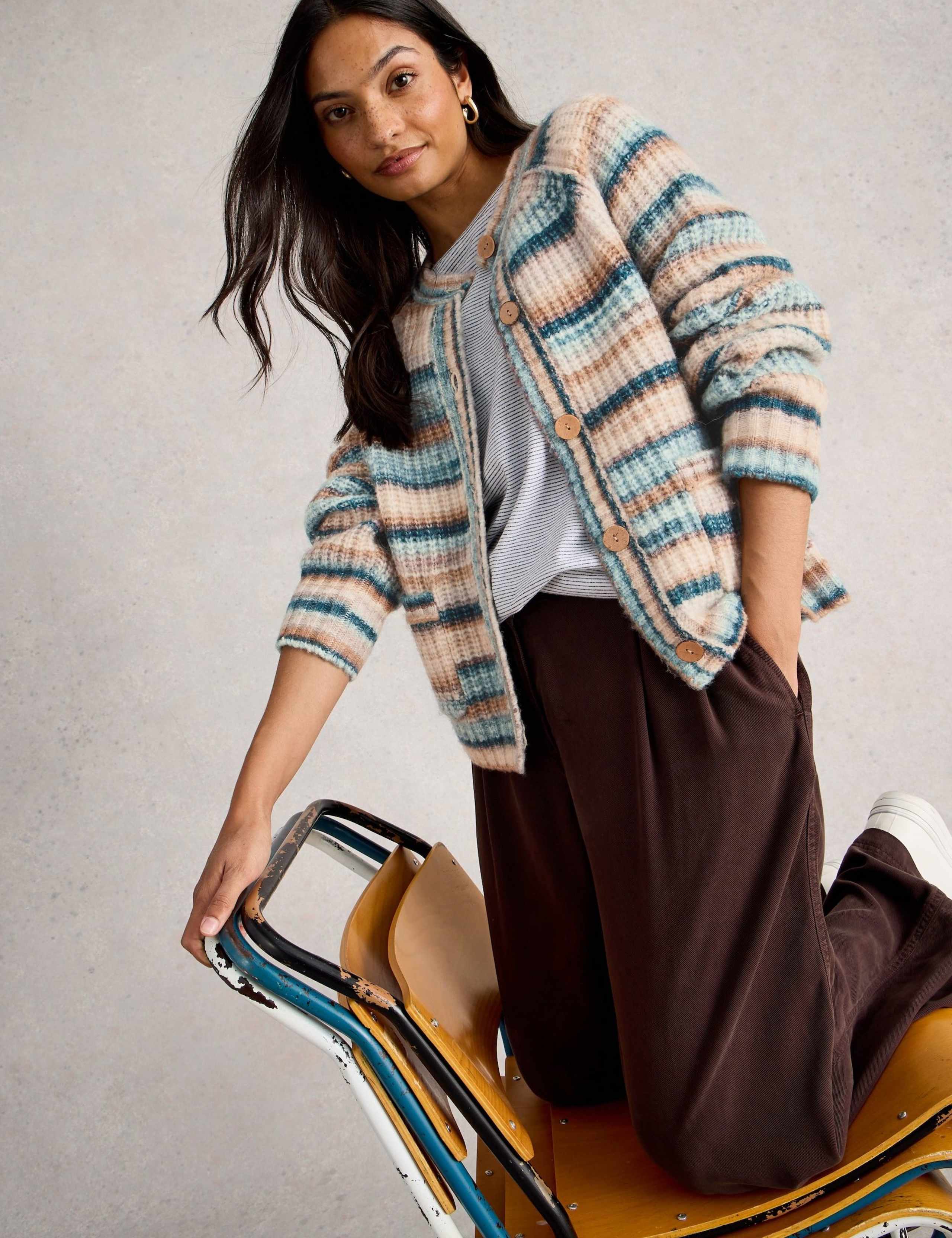 Crew Neck Ribbed Striped Cardigan with Wool 4 of 6