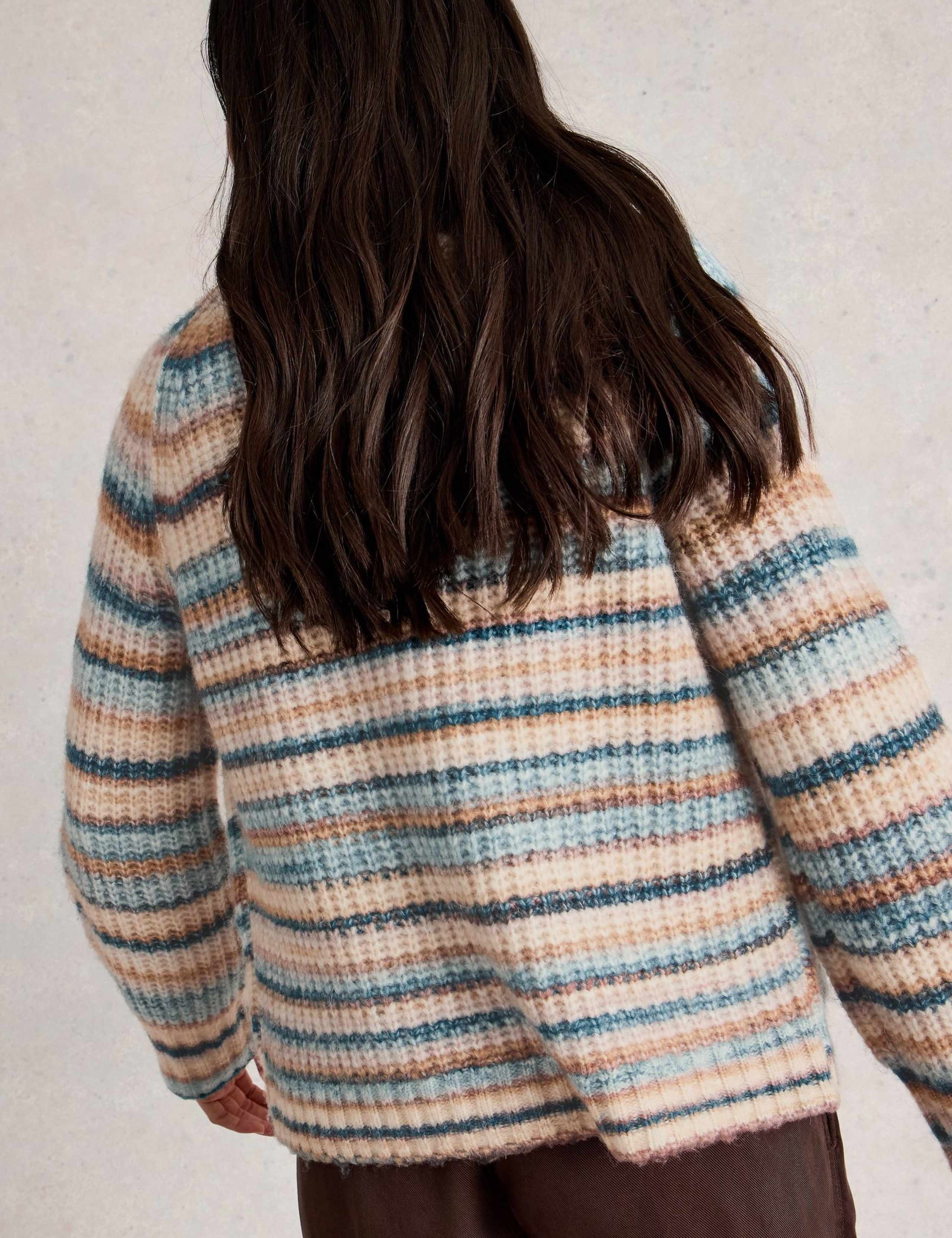 Crew Neck Ribbed Striped Cardigan with Wool 6 of 6