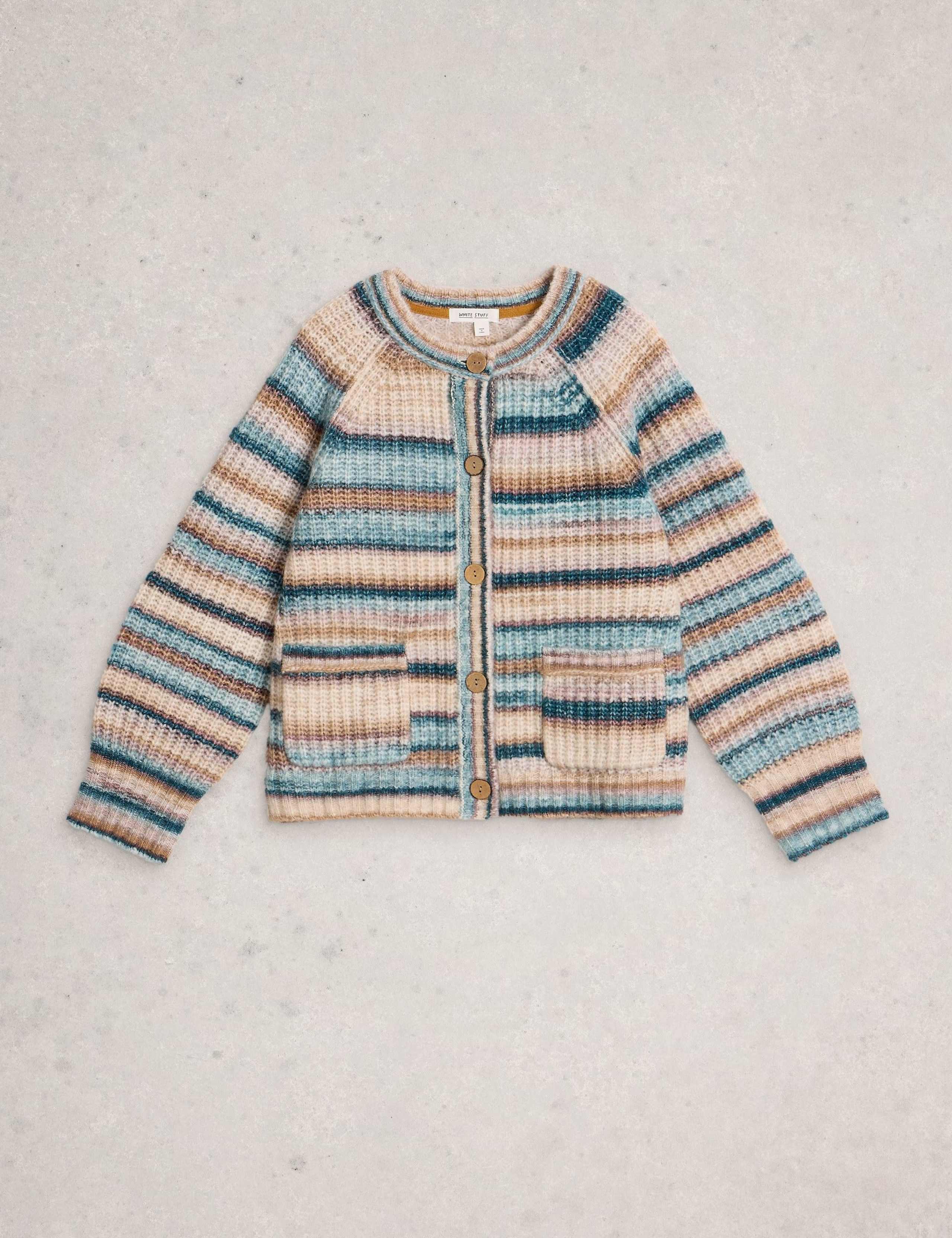 Crew Neck Ribbed Striped Cardigan with Wool 2 of 6