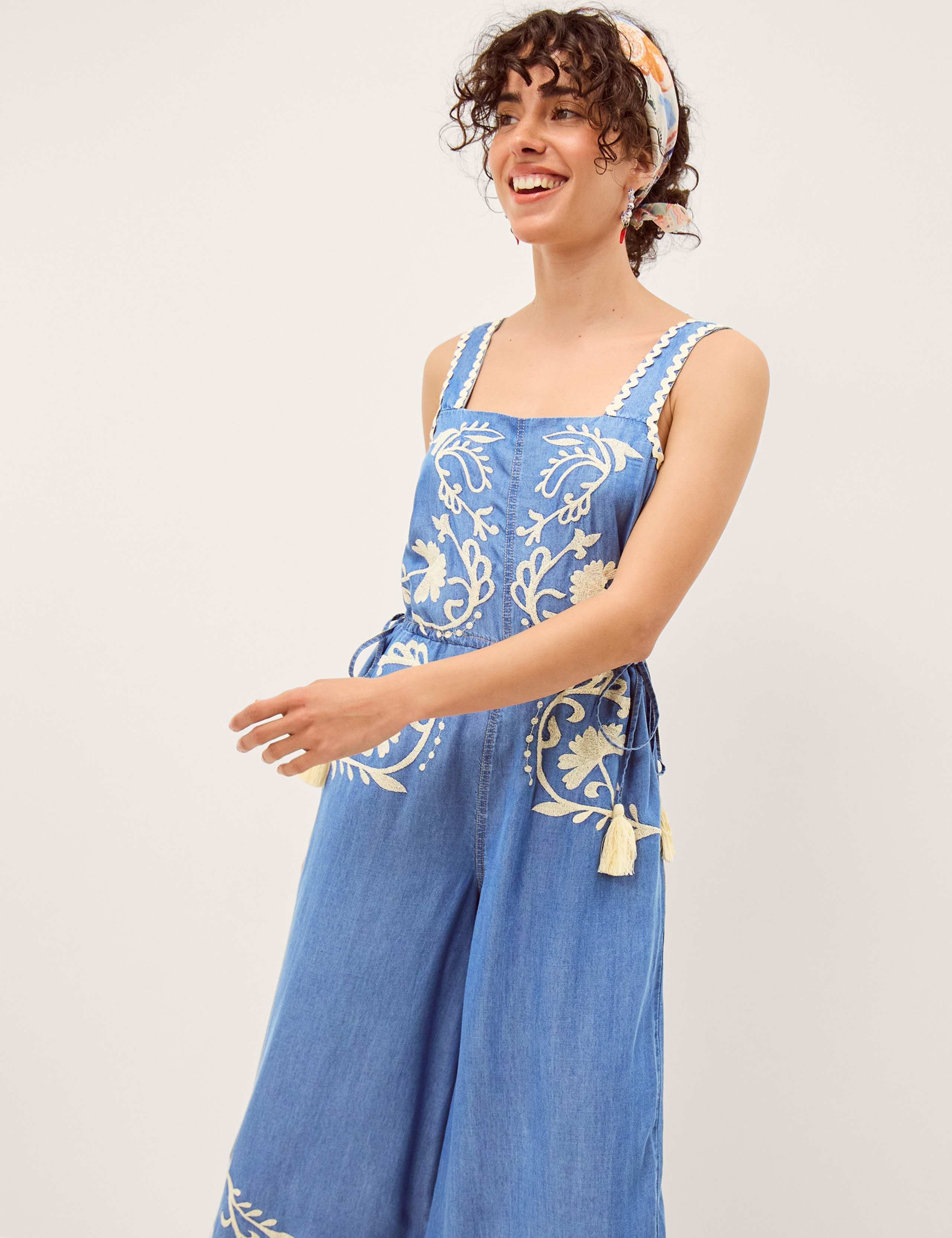 Denim Embroidered Cropped Jumpsuit 3 of 6