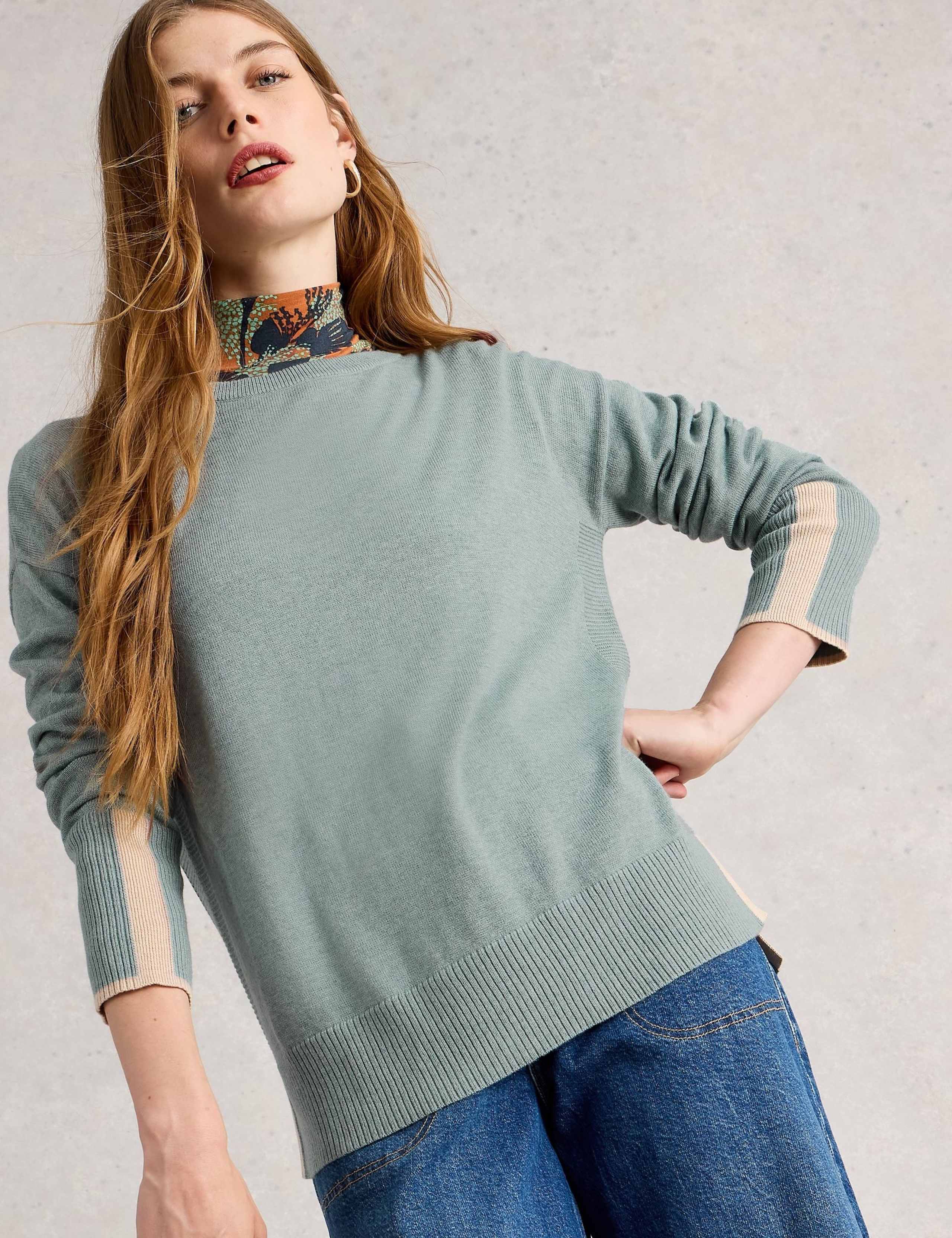 Cotton Blend Crew Neck Split Hem Jumper 3 of 6