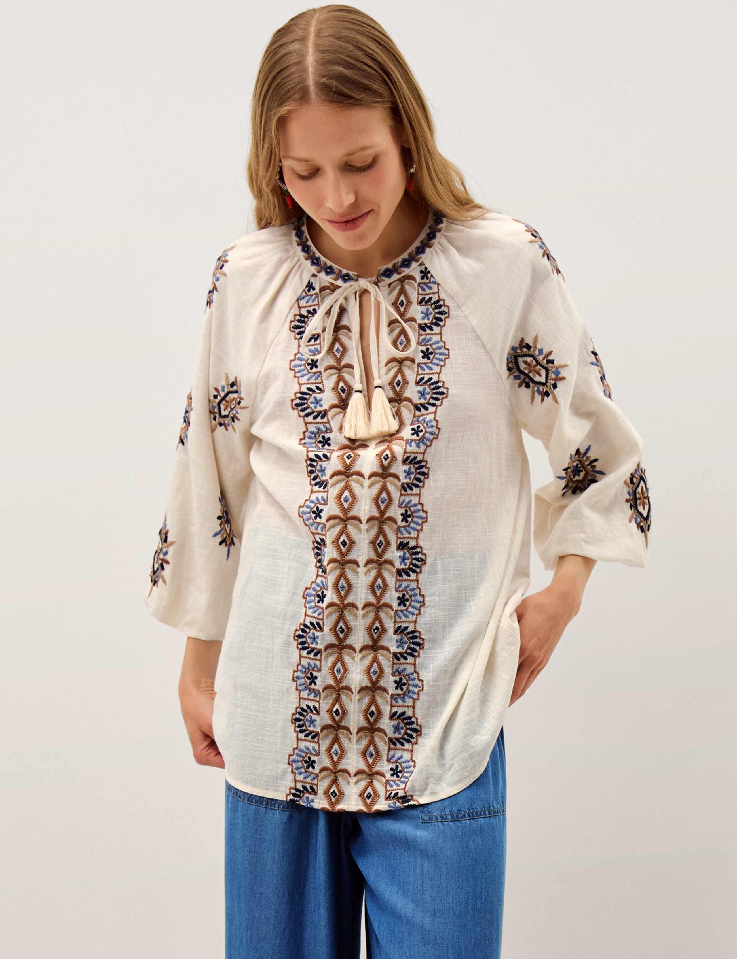 Pure Cotton Embroidered Tie Neck Tunic Top 1 of 5