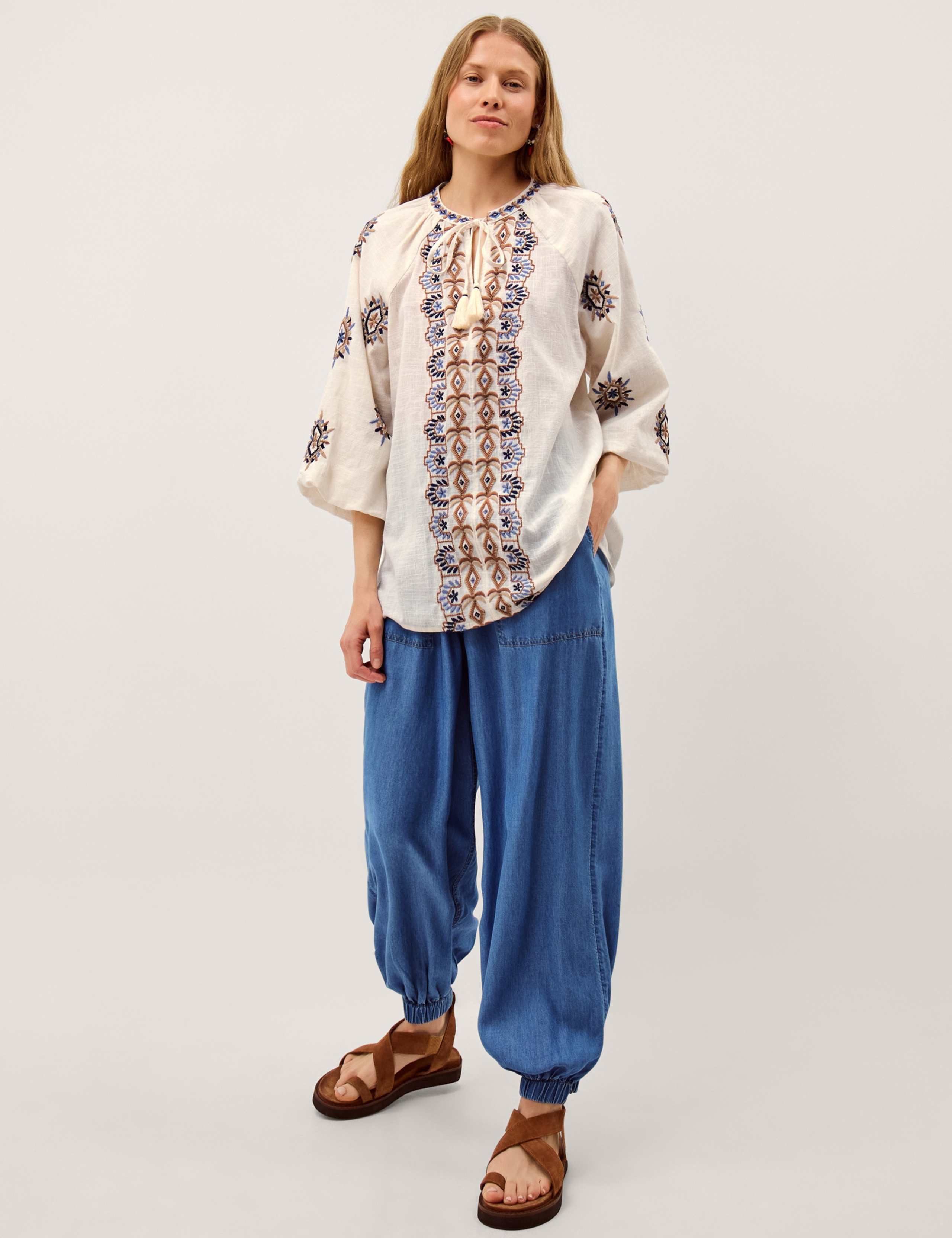 Pure Cotton Embroidered Tie Neck Tunic Top 3 of 5