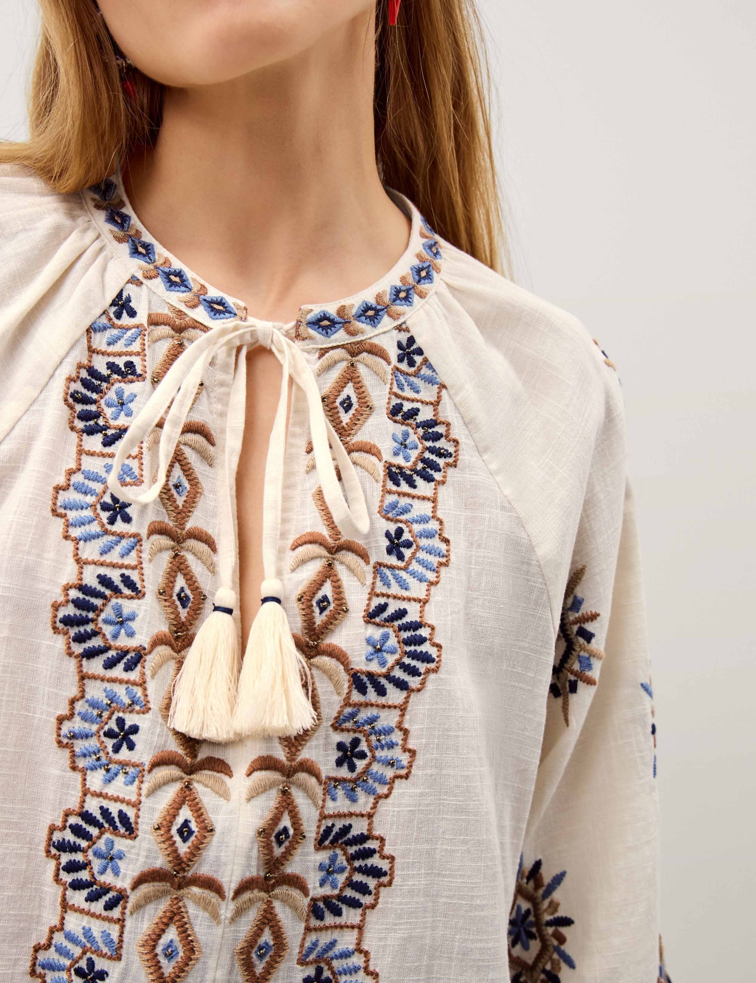 Pure Cotton Embroidered Tie Neck Tunic Top 5 of 5