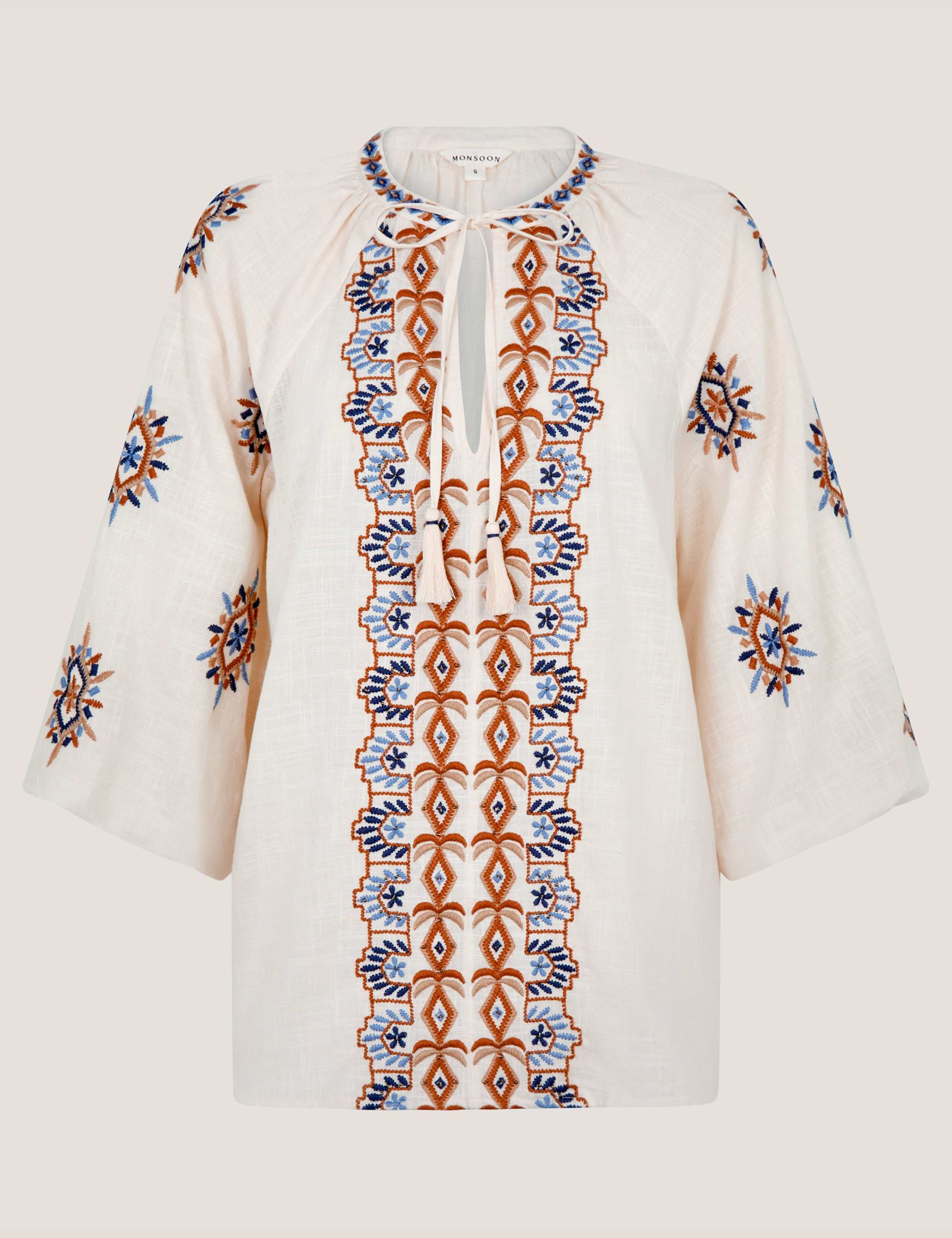 Pure Cotton Embroidered Tie Neck Tunic Top 2 of 5