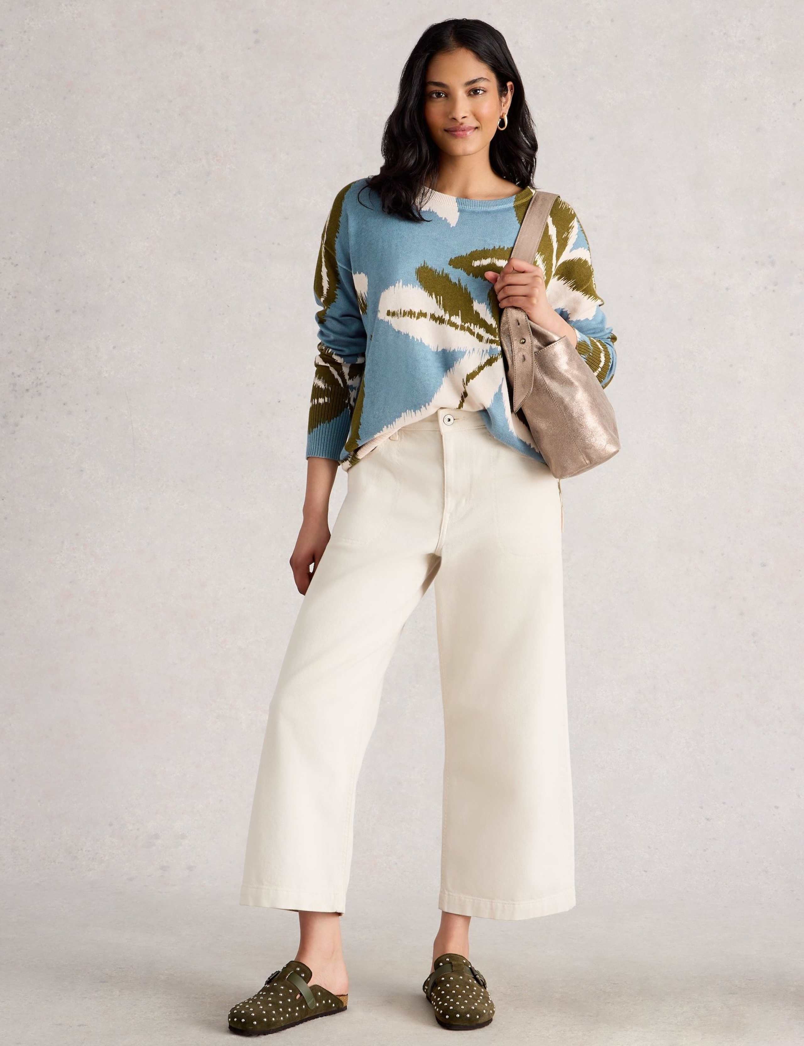 Cotton Blend Print Striped Crew Neck Jumper 1 of 6