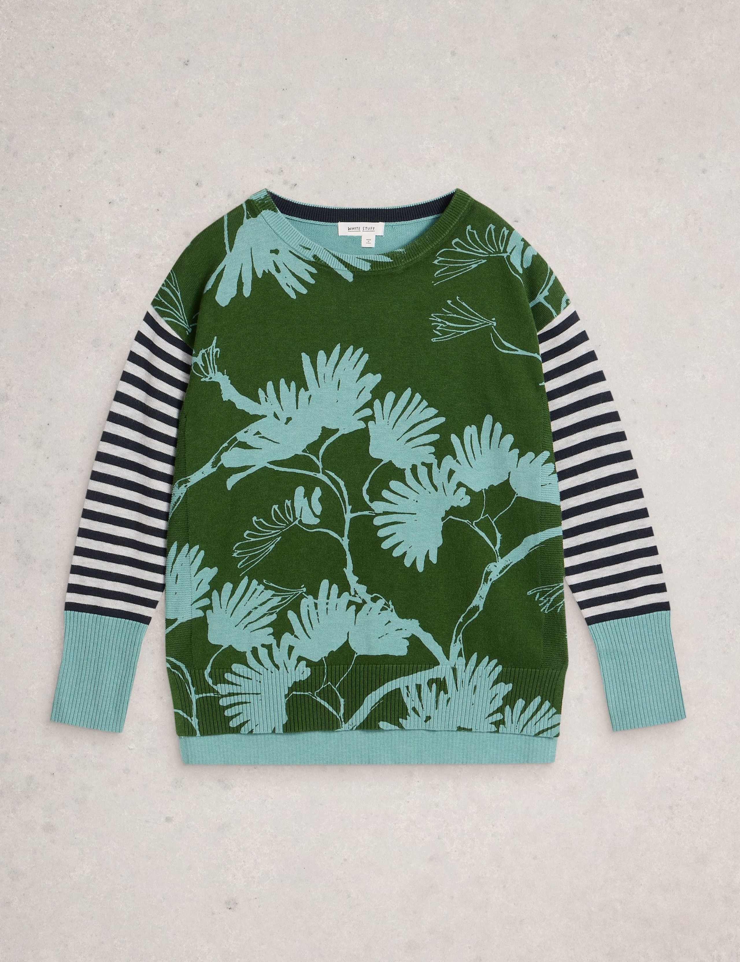 Cotton Blend Print Striped Crew Neck Jumper 2 of 6