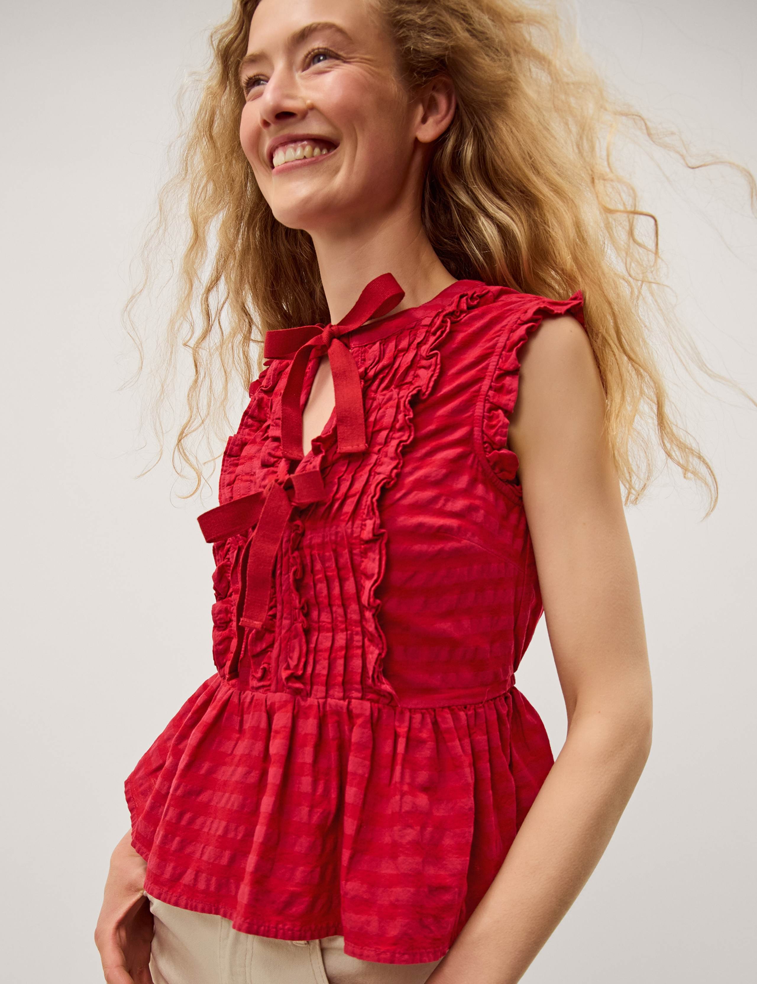 Pure Cotton Gingham Tie Neck Frill Detail Top 3 of 5