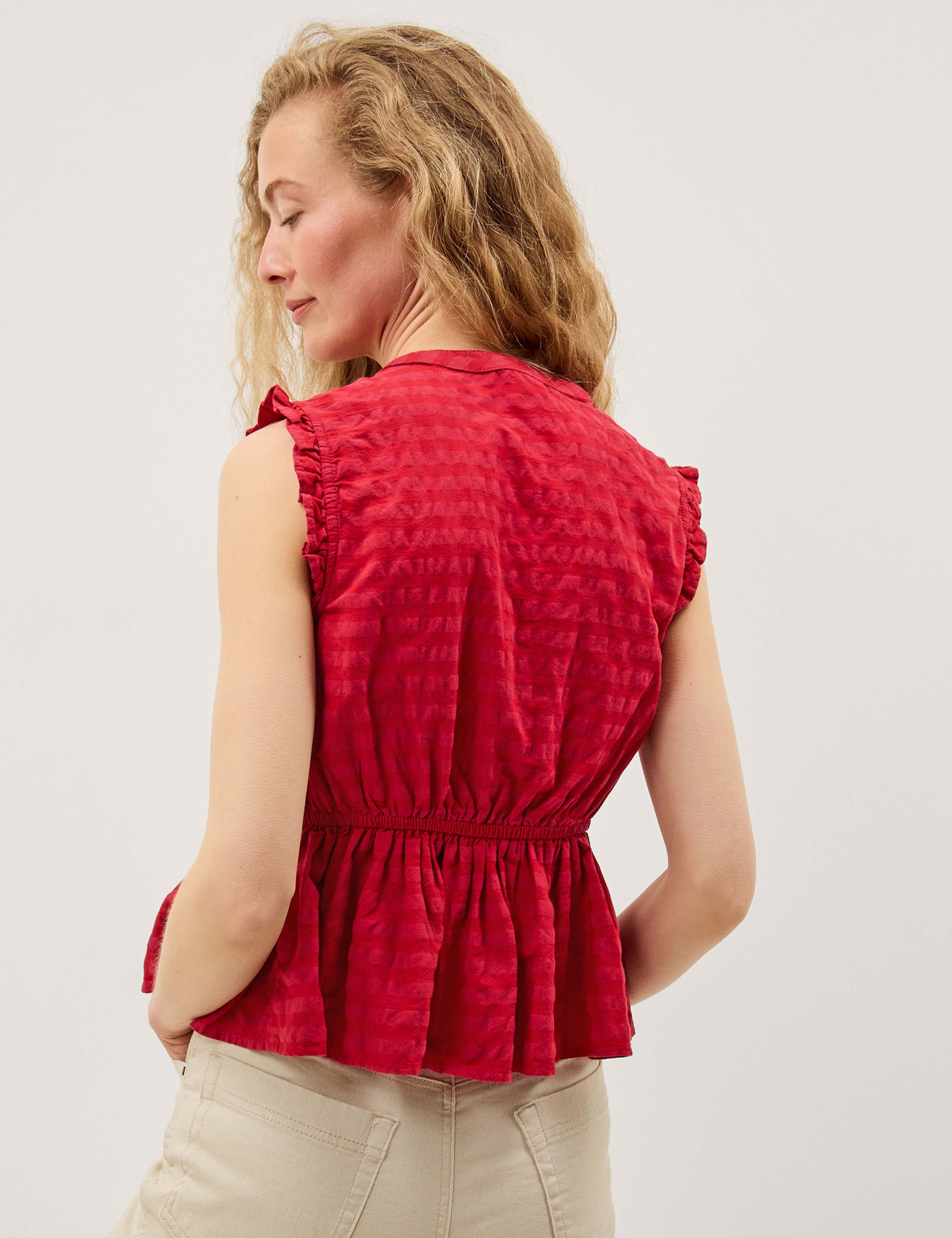 Pure Cotton Gingham Tie Neck Frill Detail Top 4 of 5