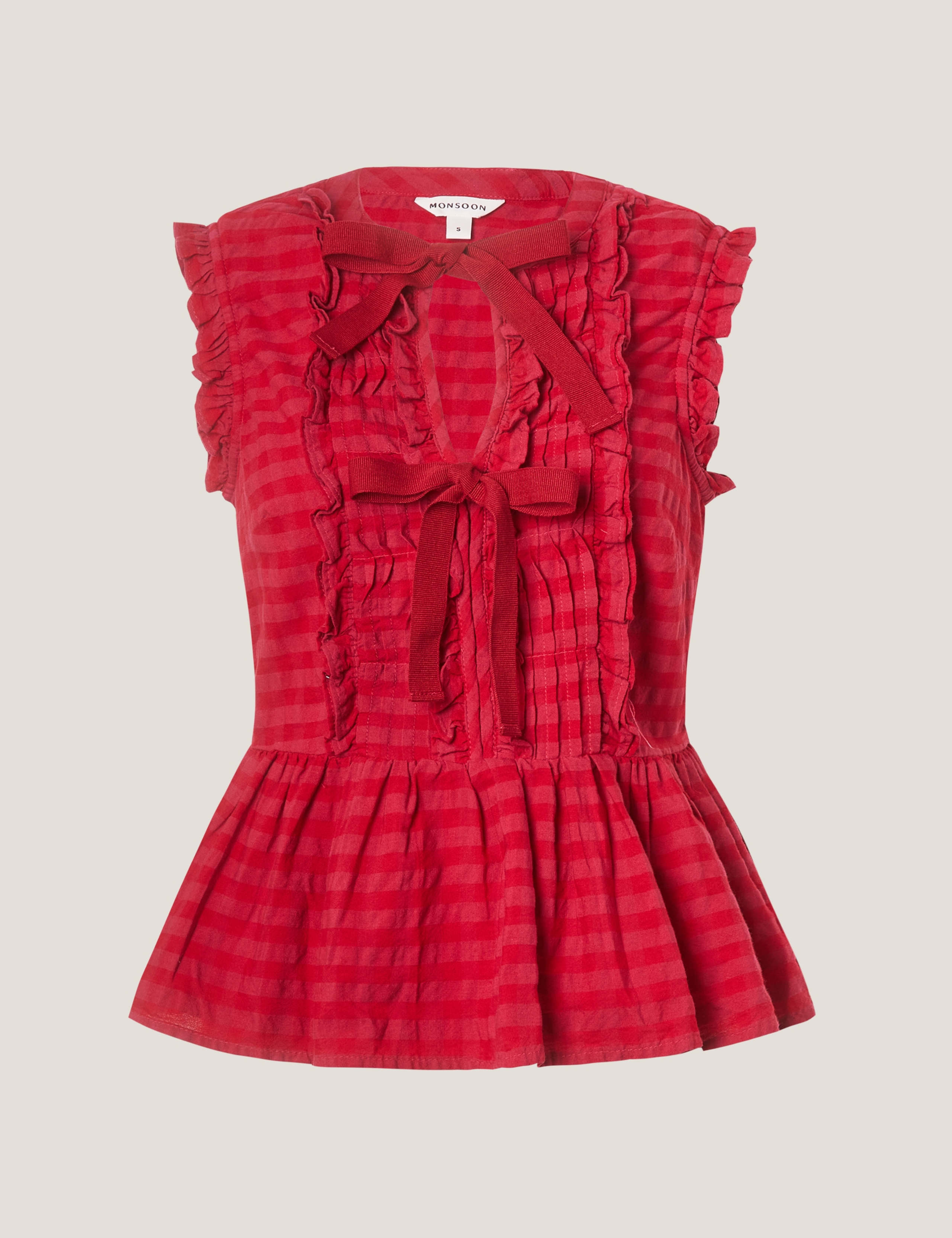 Pure Cotton Gingham Tie Neck Frill Detail Top 2 of 5