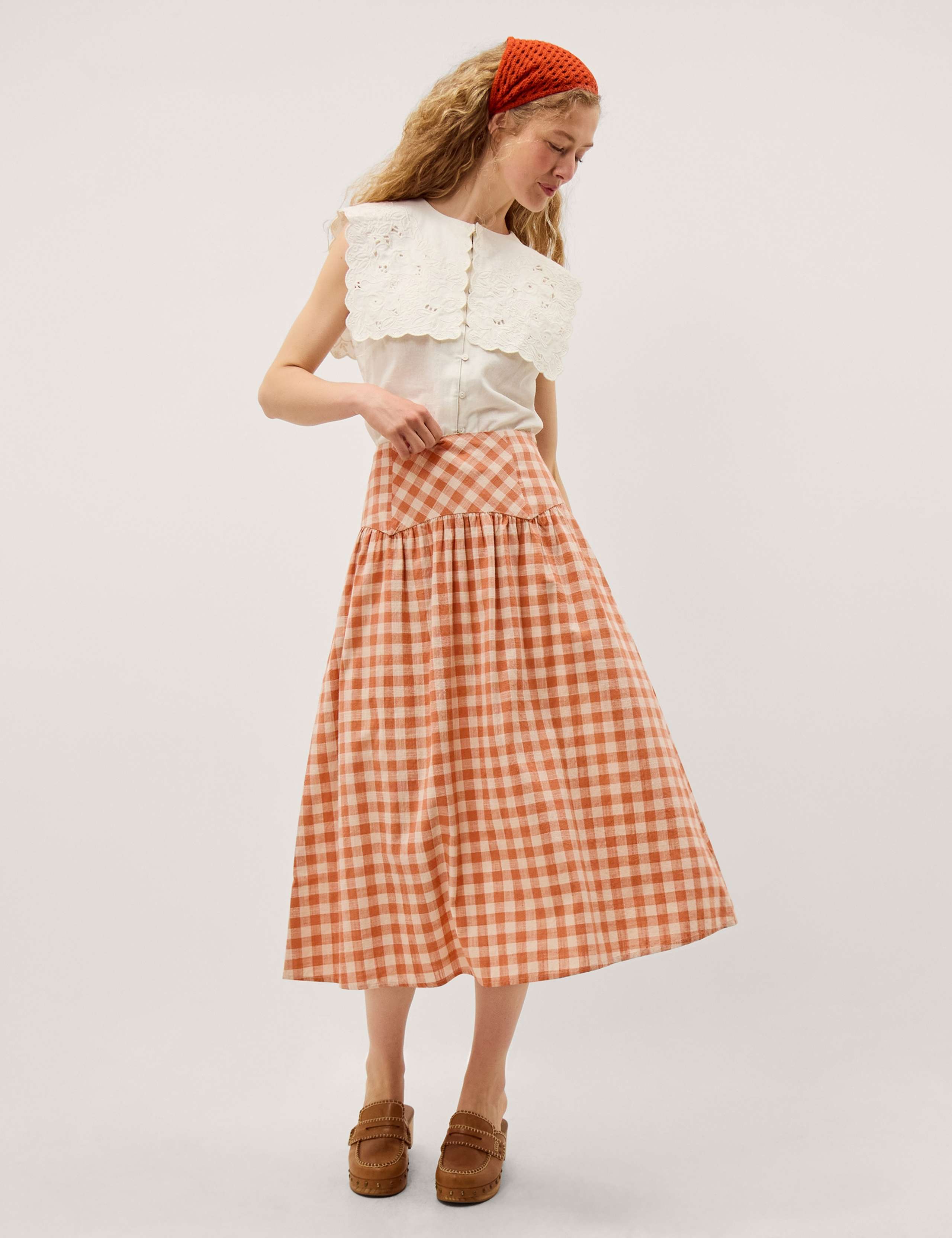 Pure Cotton Gingham Midi A-Line Skirt 4 of 6