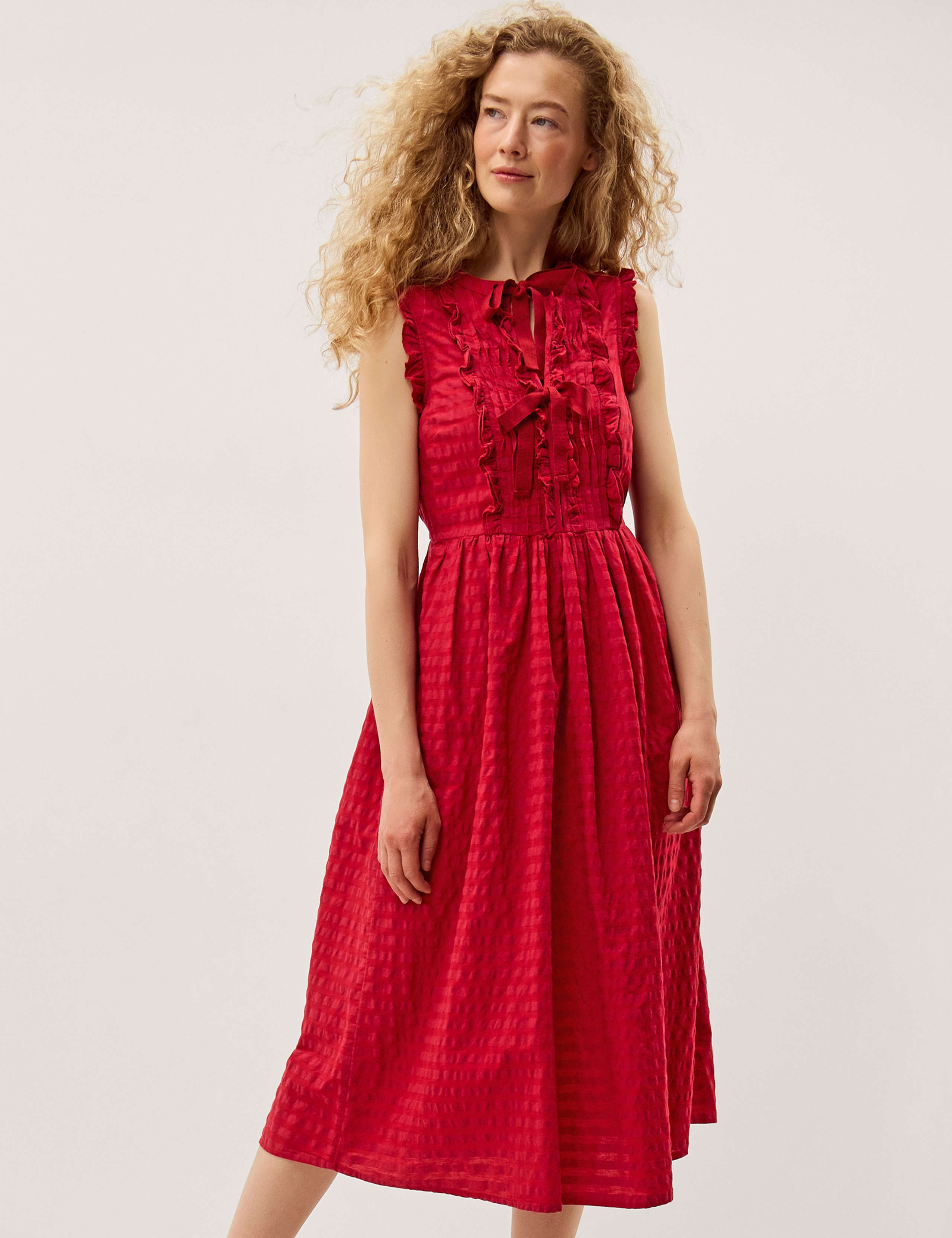 Pure Cotton Gingham Tie Neck Midi Dress 1 of 5