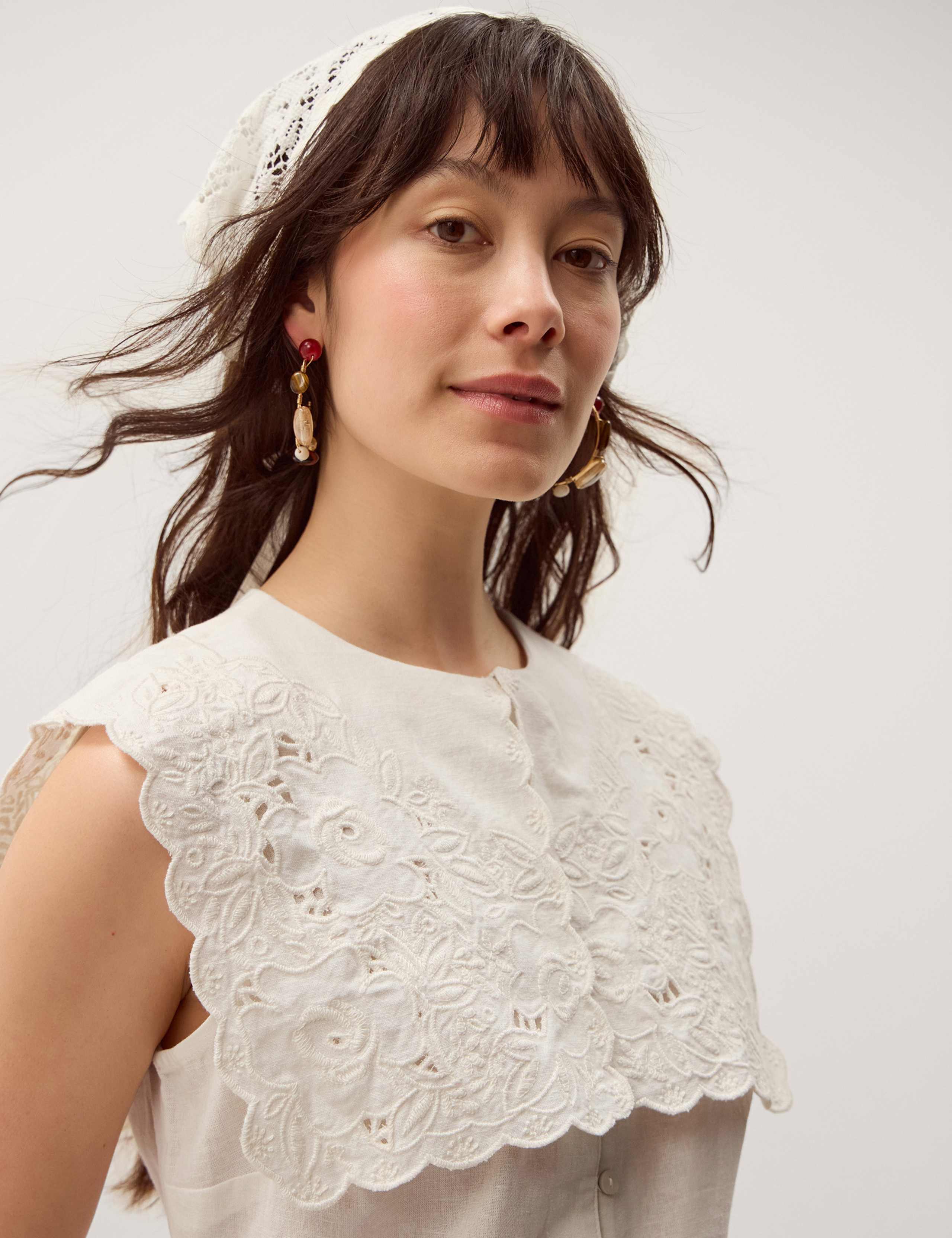 Cotton With Linen Embroidered Collared Top 4 of 7