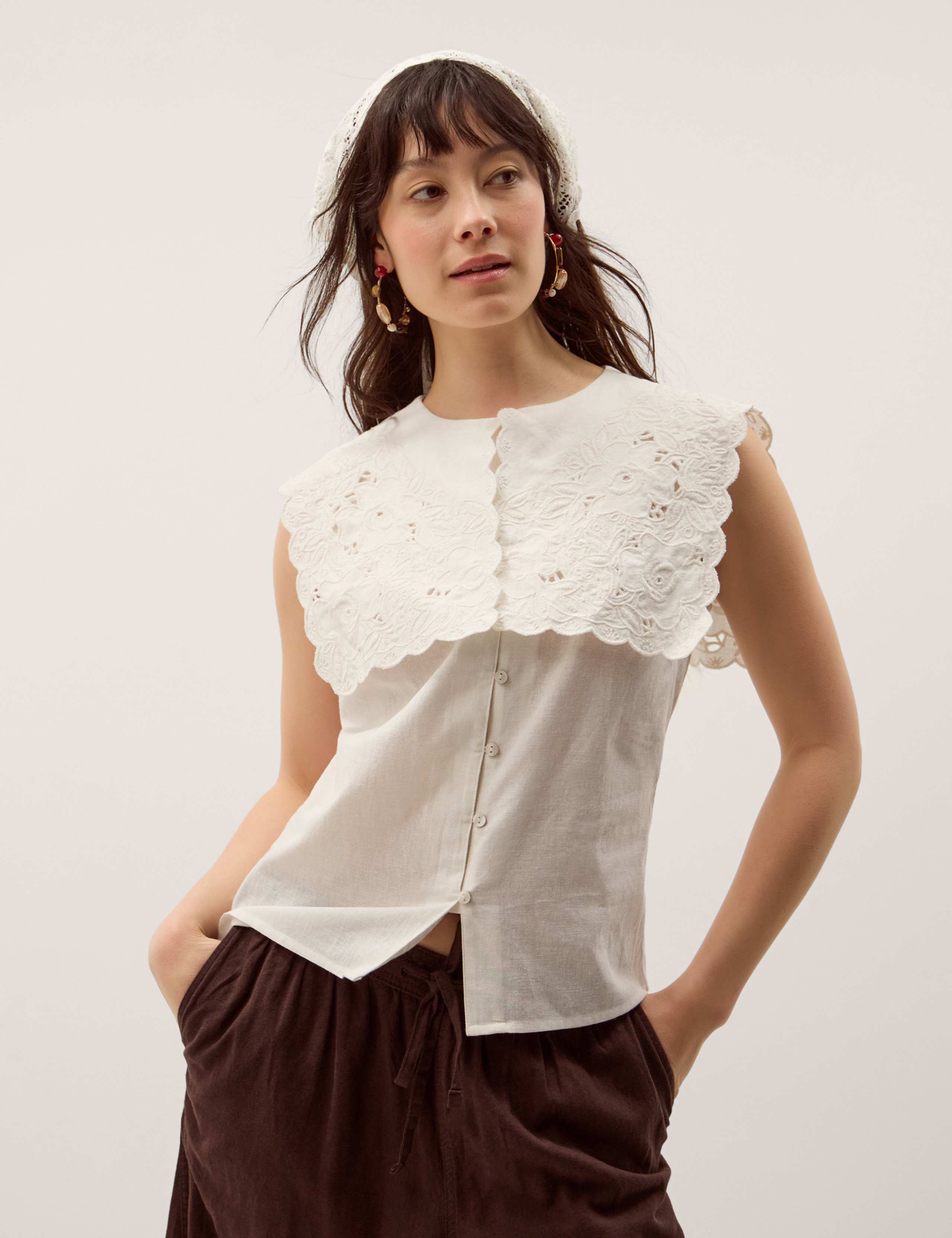 Cotton With Linen Embroidered Collared Top 7 of 7