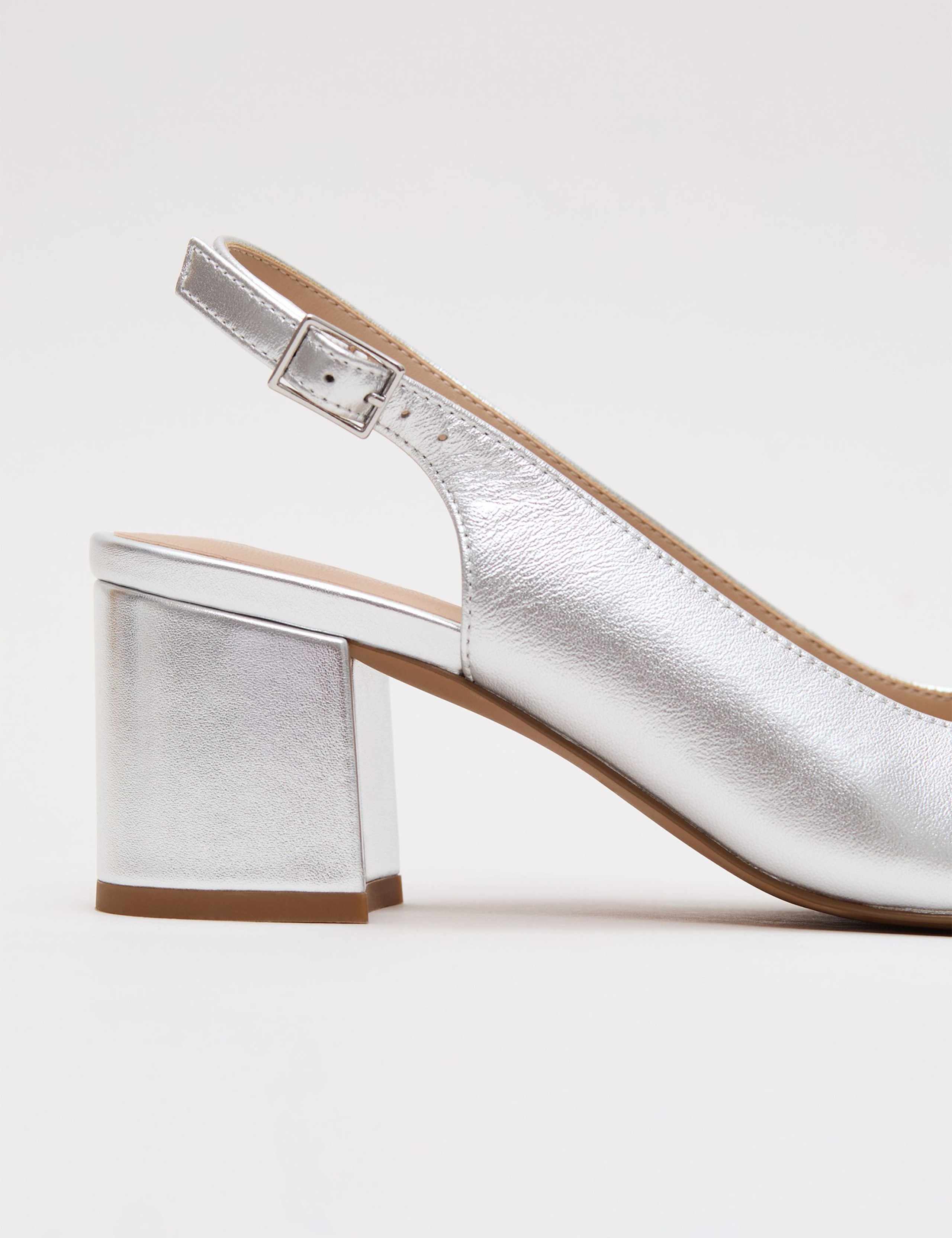 Leather Metallic Block Heel Slingback Shoes 4 of 8