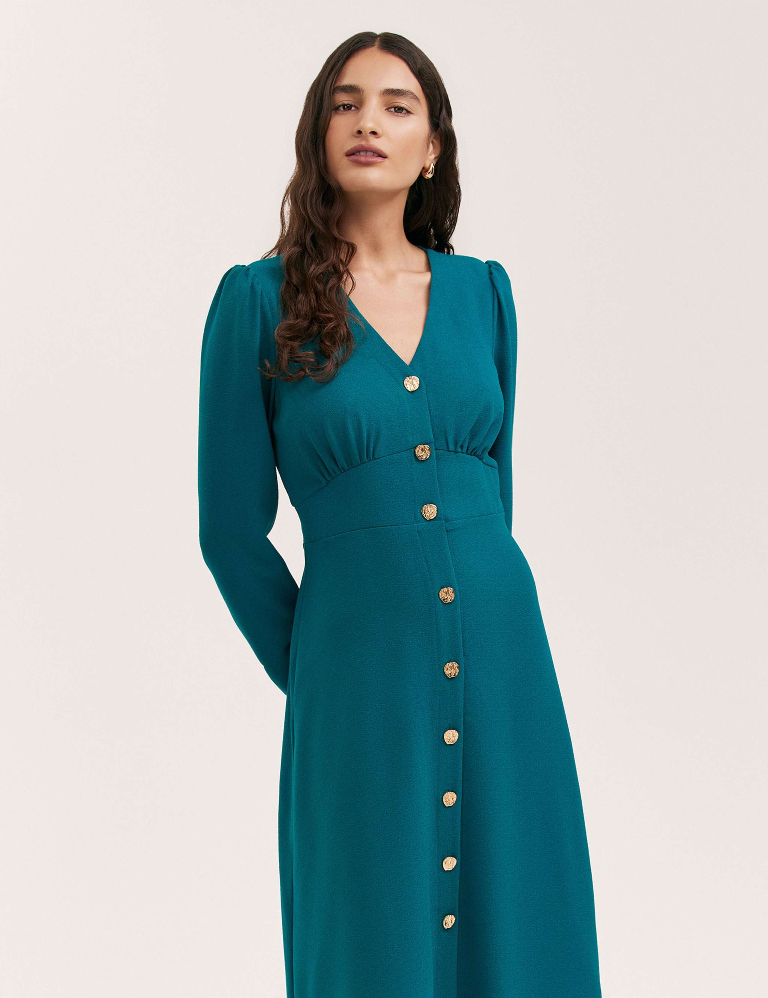 Crepe V-Neck Midi Waisted Dress 3 of 4