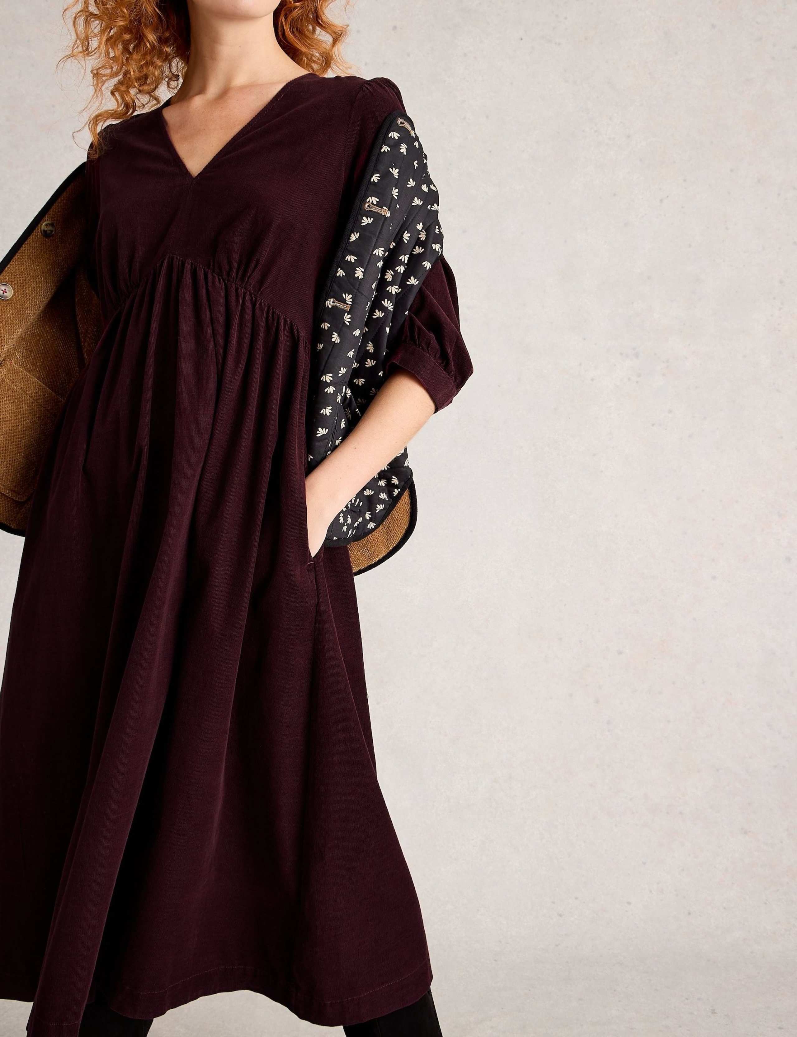 Cord V-Neck Midi Waisted Dress 3 of 6