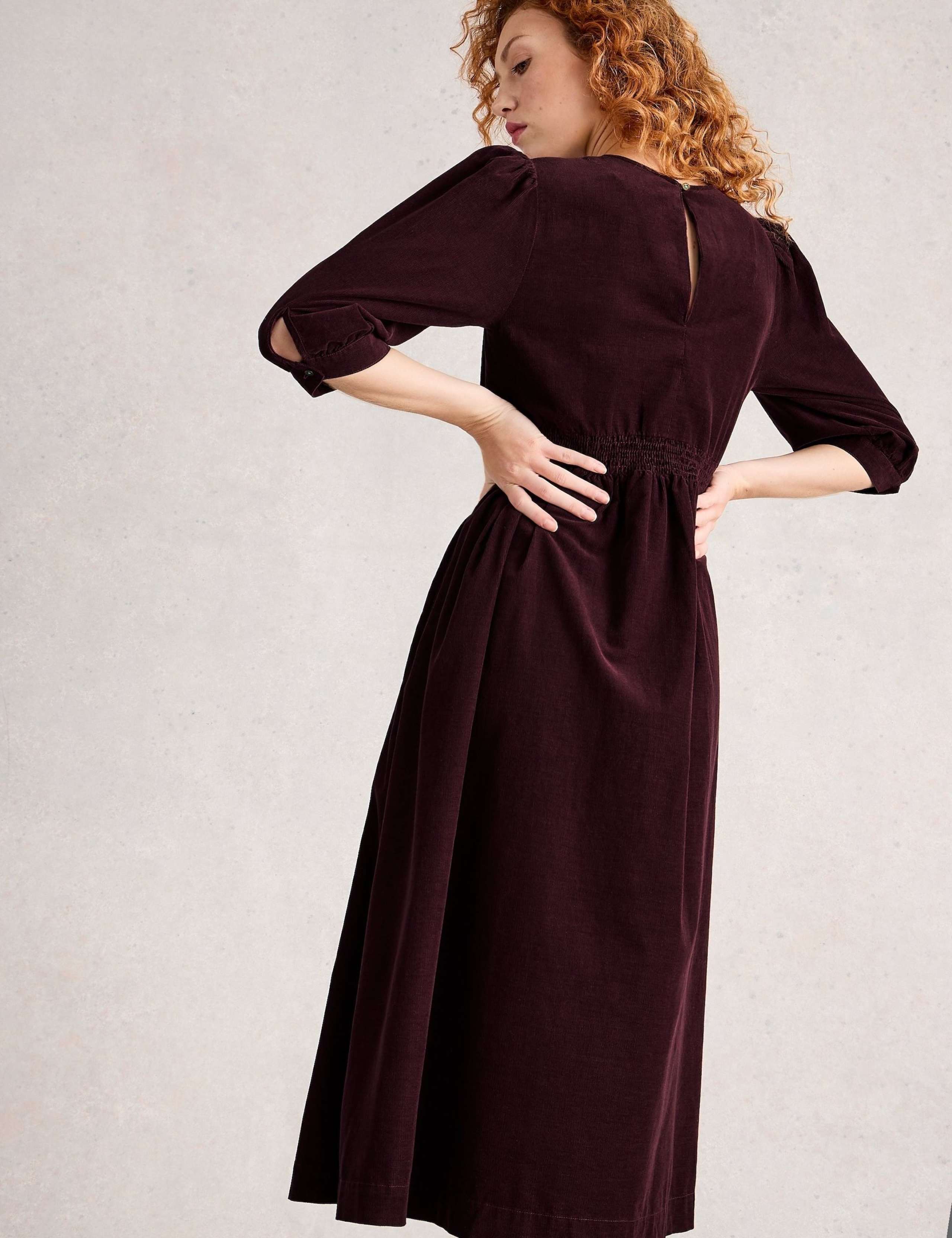 Cord V-Neck Midi Waisted Dress 4 of 6