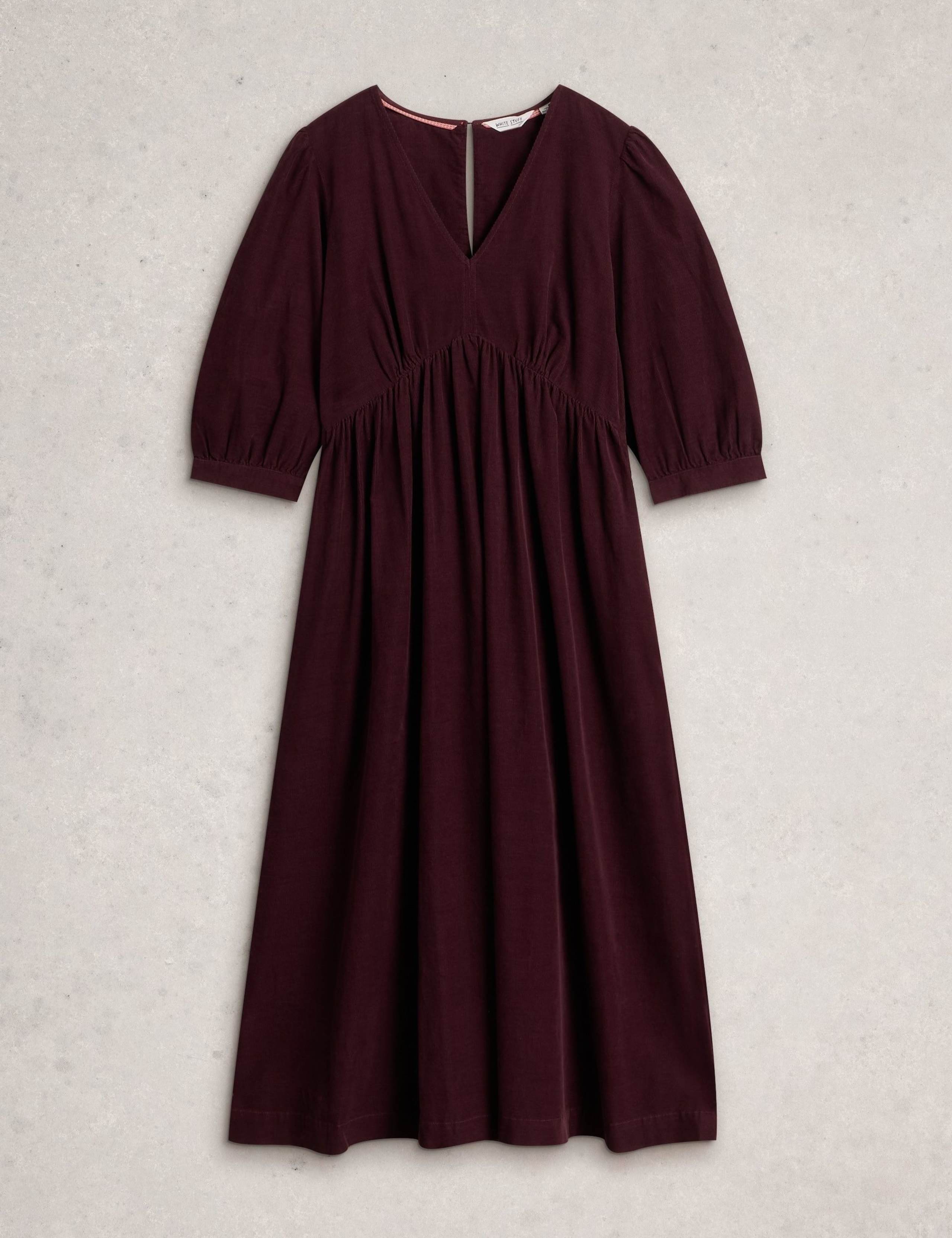 Cord V-Neck Midi Waisted Dress 2 of 6