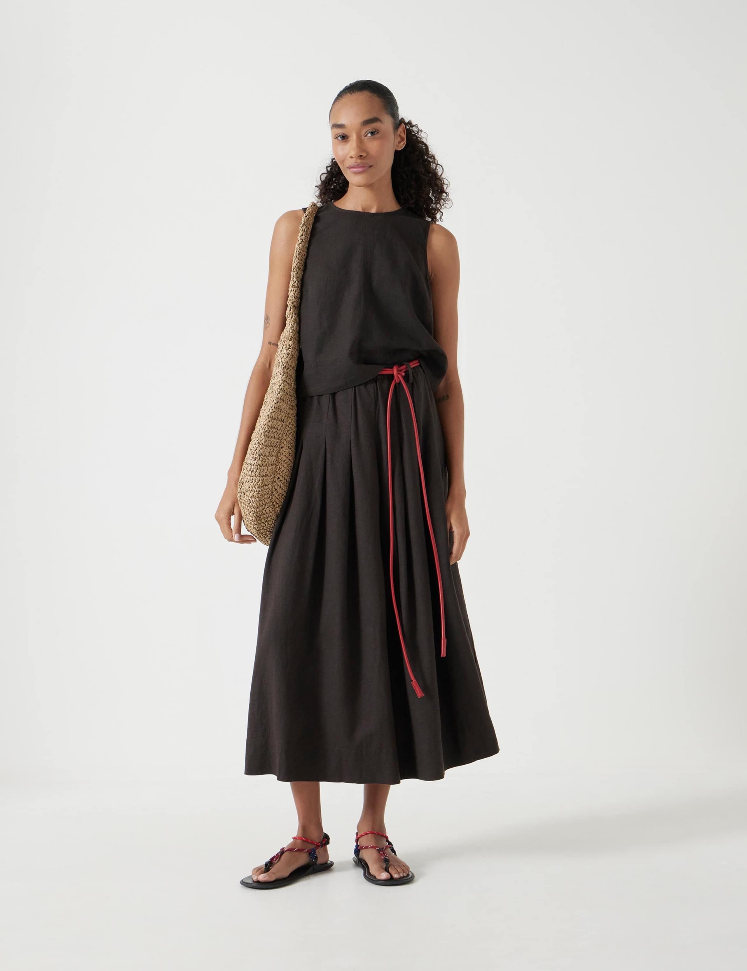 Linen Blend Pleated Midi A-Line Skirt 4 of 5