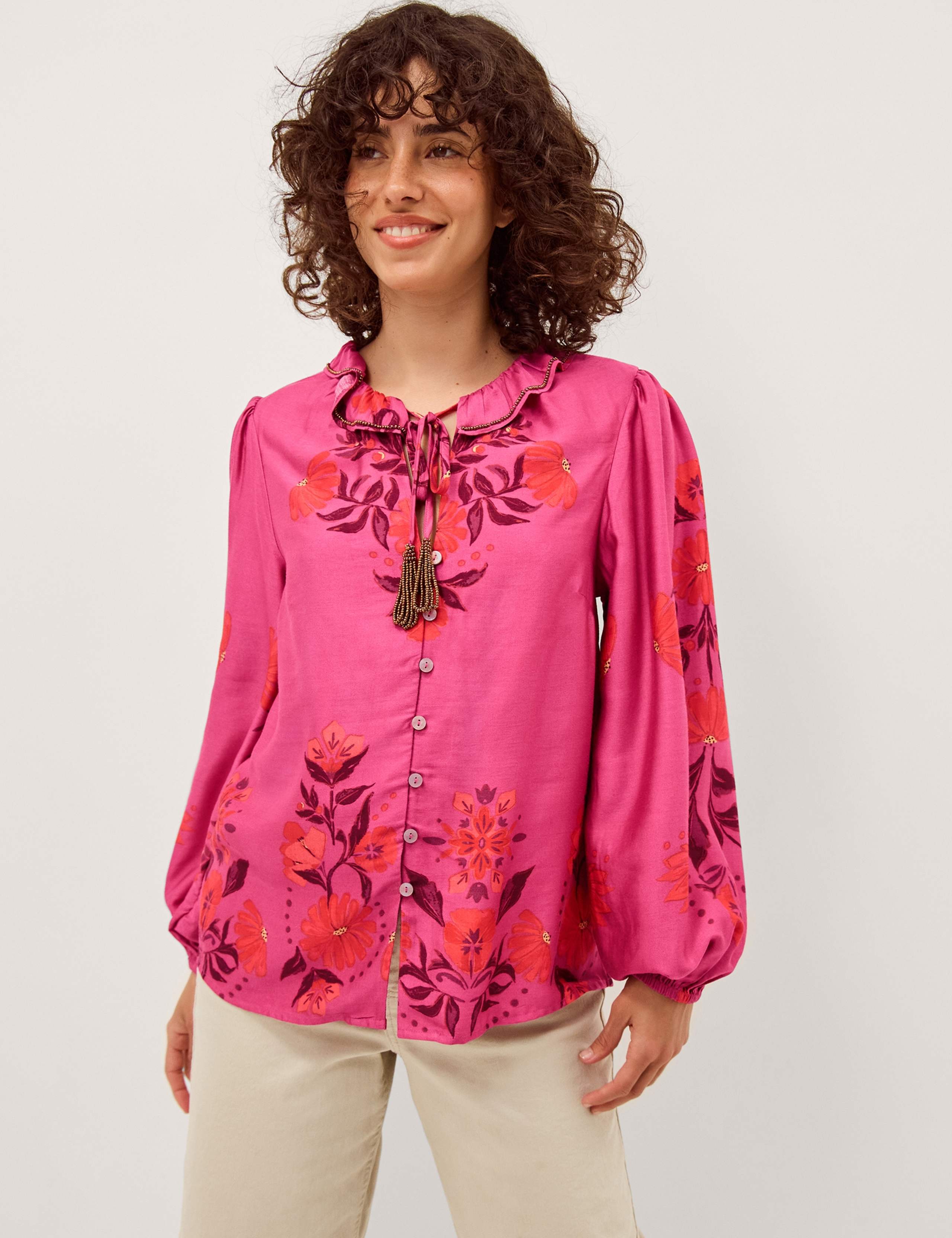 Floral Tie Neck Blouson Sleeve Blouse 1 of 5