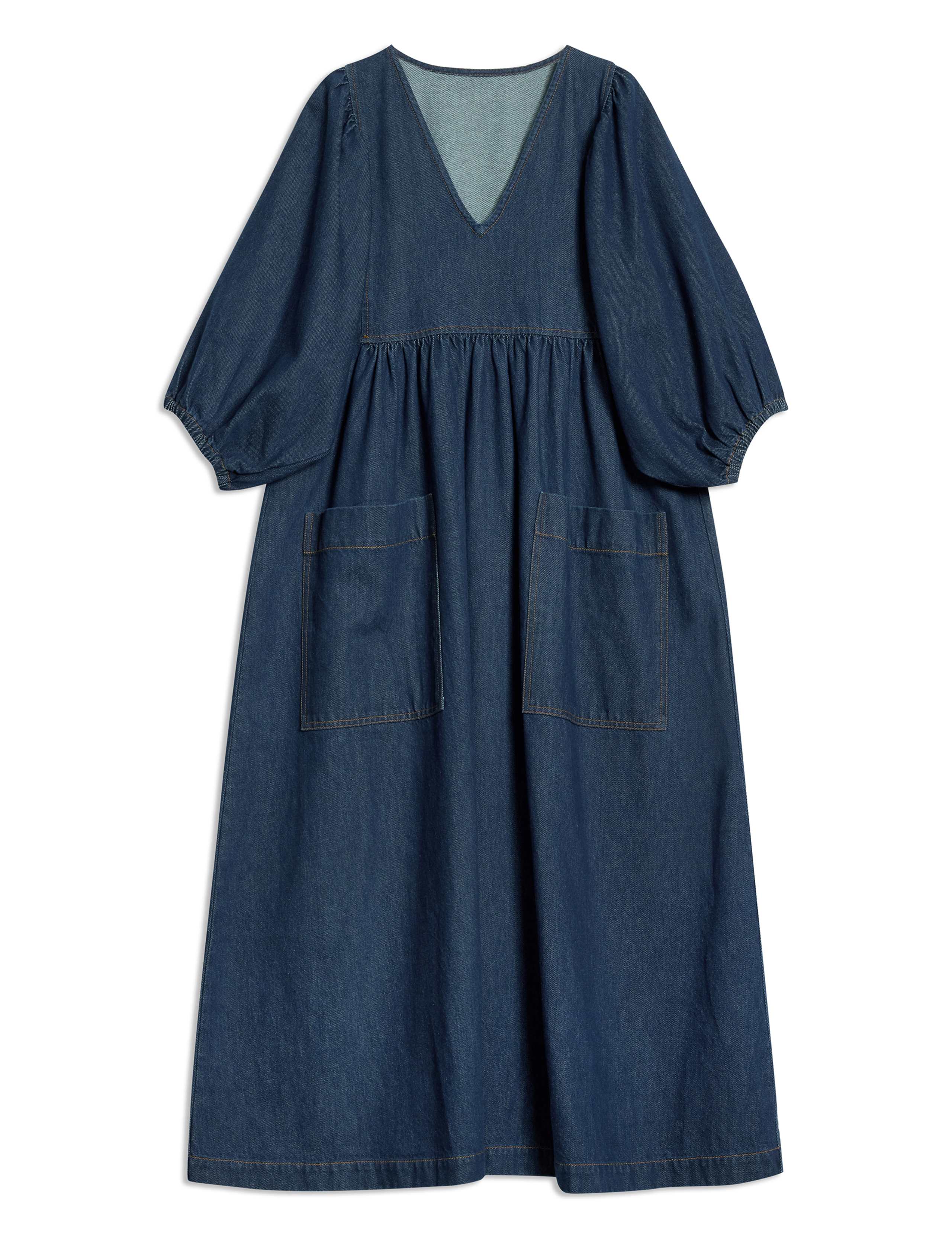 Denim V-Neck Midi Skater Dress 2 of 5
