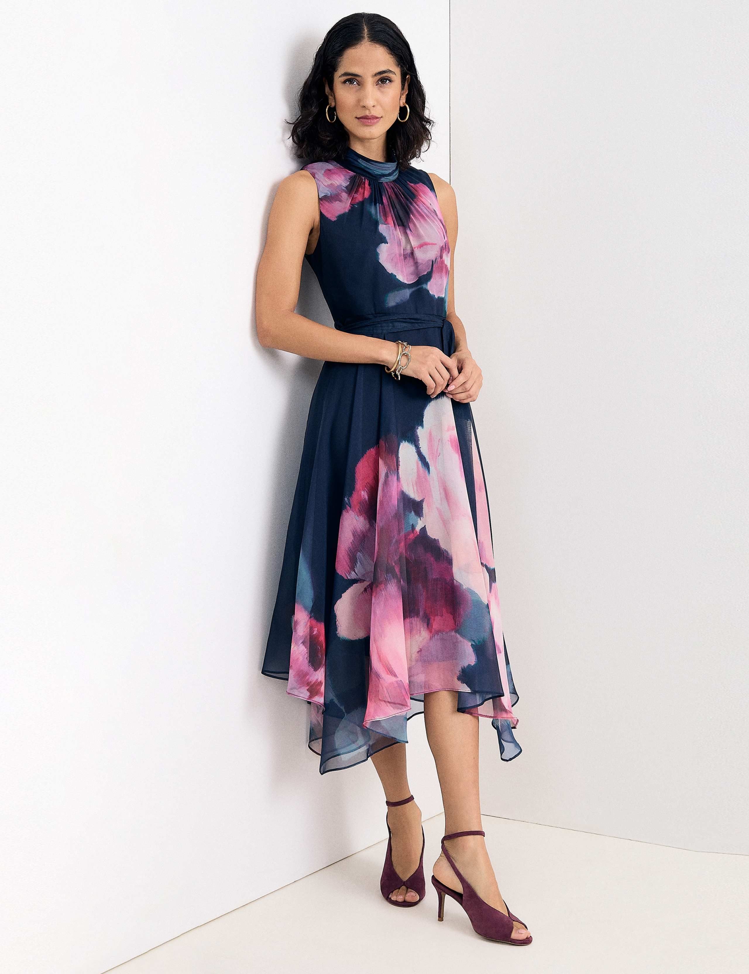Floral High Neck Midi Waisted Dress 1 of 8