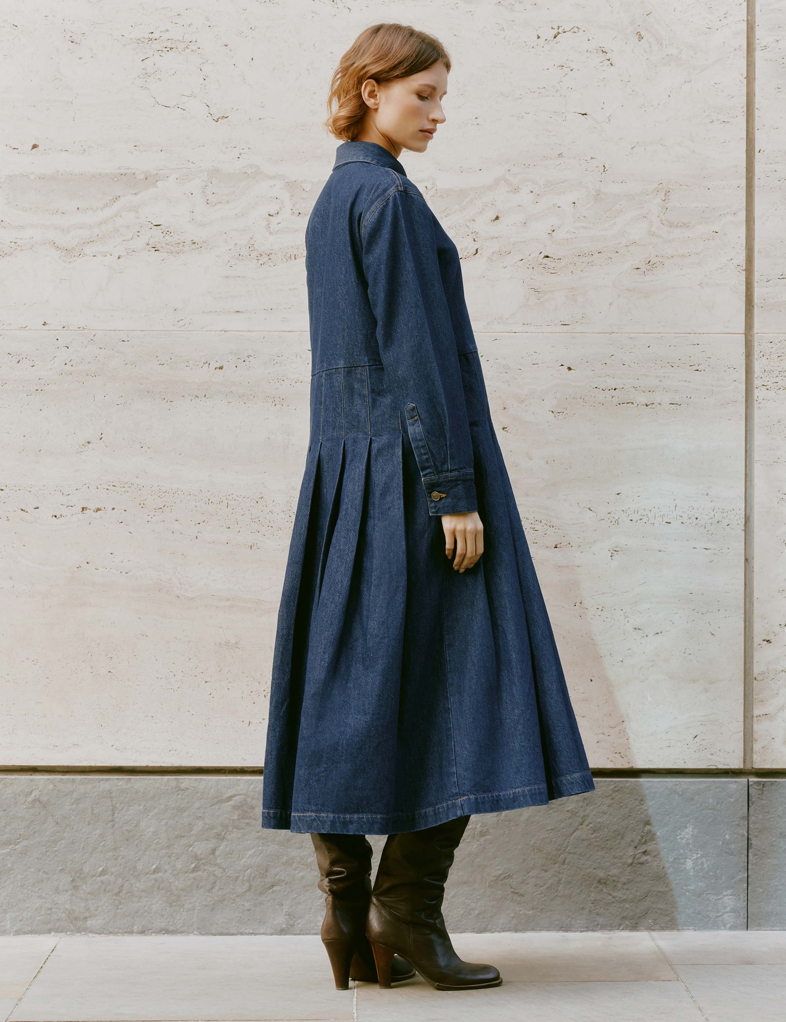 Denim Pleated Midi Shirt Dress 4 of 5