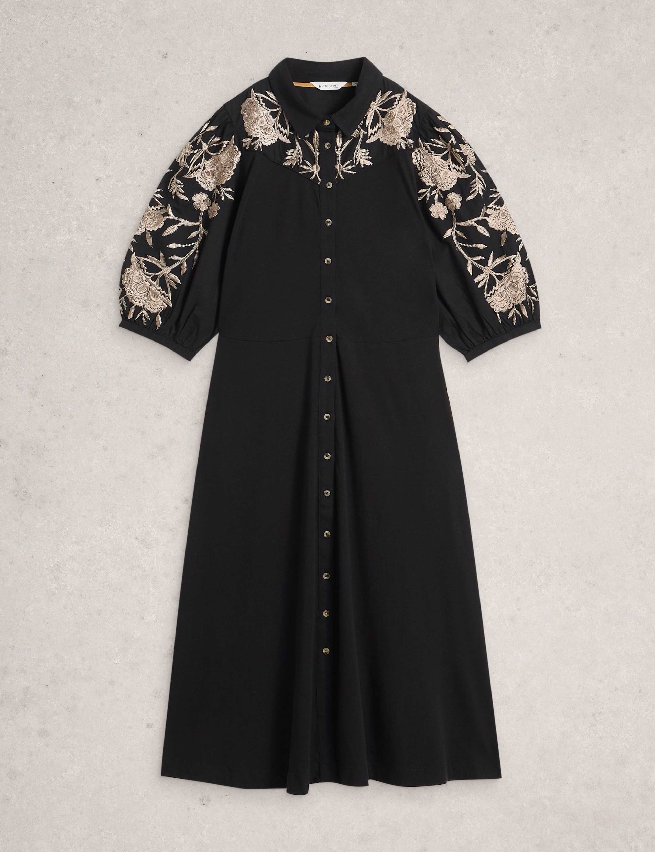 Cotton Rich Embroidered Midi Shirt Dress 2 of 6
