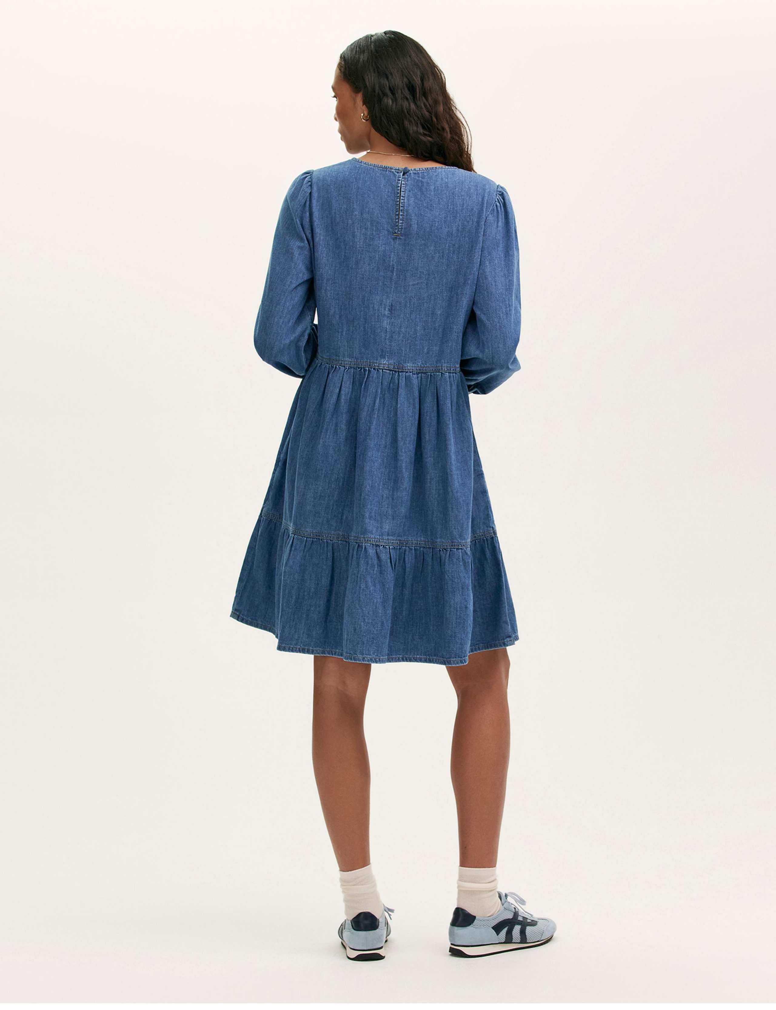 Denim Round Neck Midi Tiered Dress 2 of 4